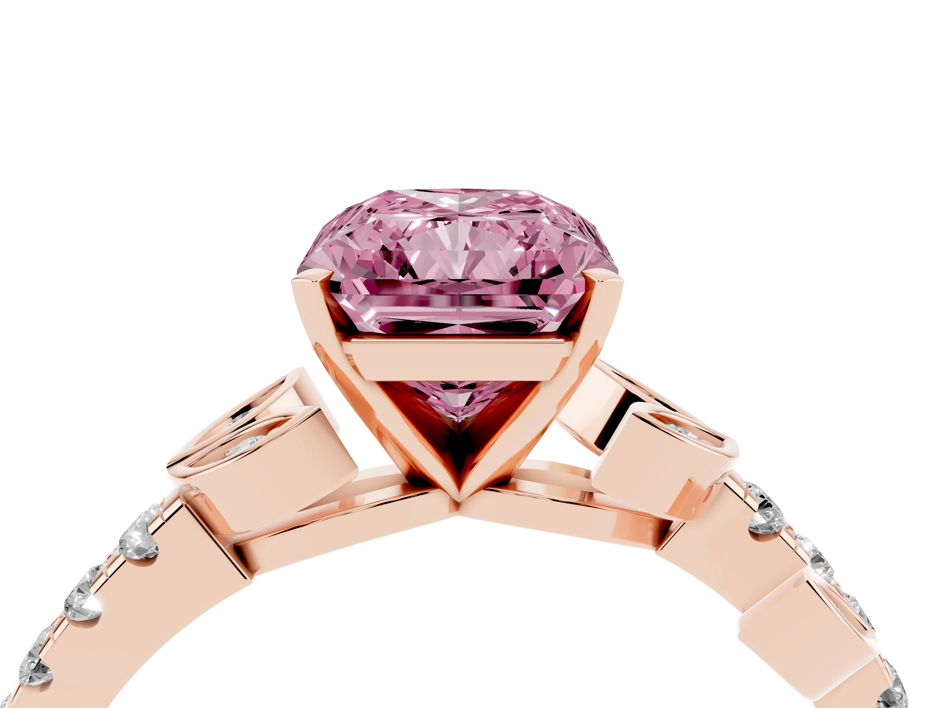 Fancy Pink Radiant Cut Diamond Solitaire Leaf-Inspired Ring Set in Rose gold with Pavé Band and Prong Setting
