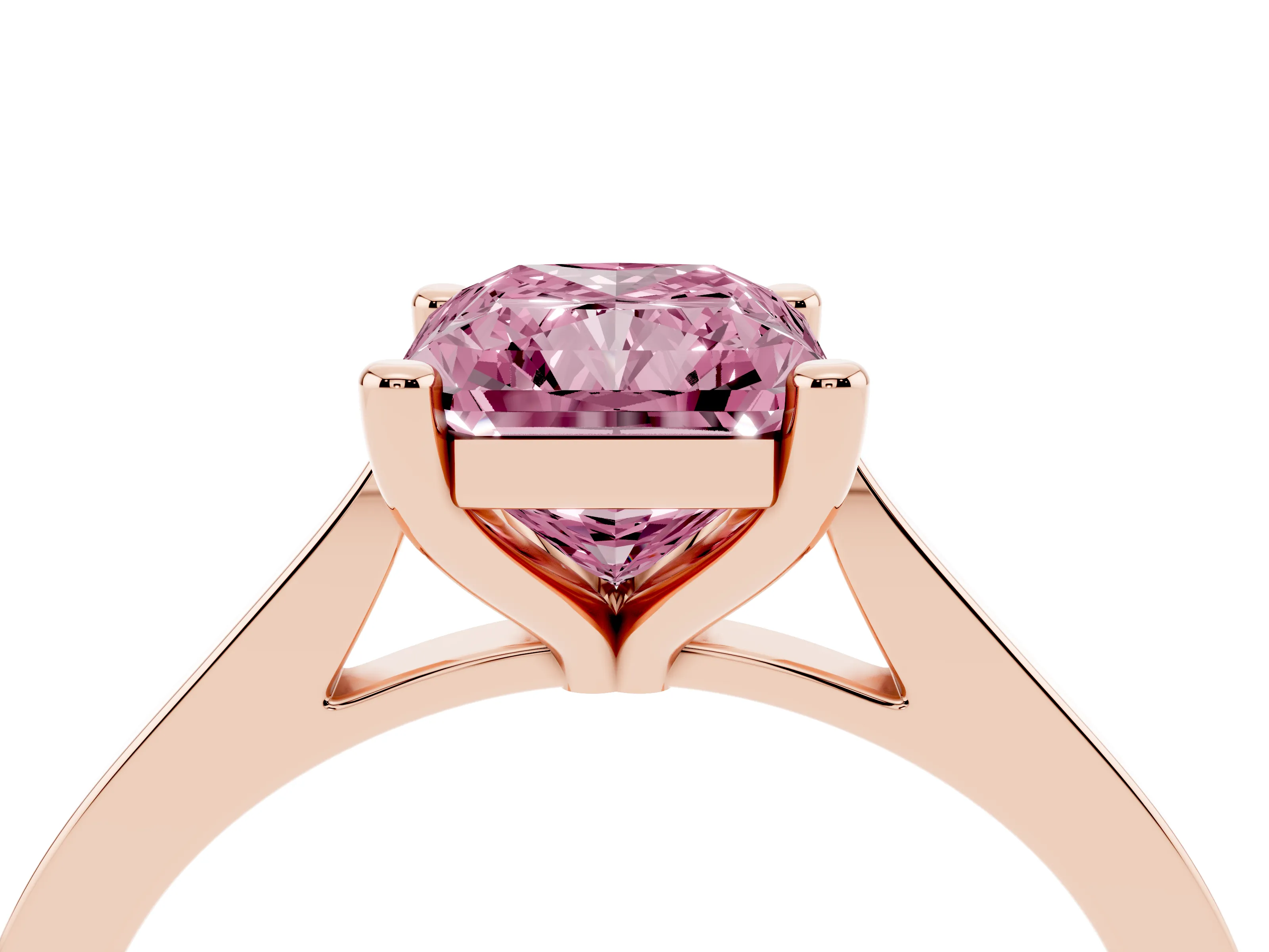 Fancy Pink Radiant Cut Diamond Solitaire Ring Set in Rose gold with Prong Setting and Tapered Band