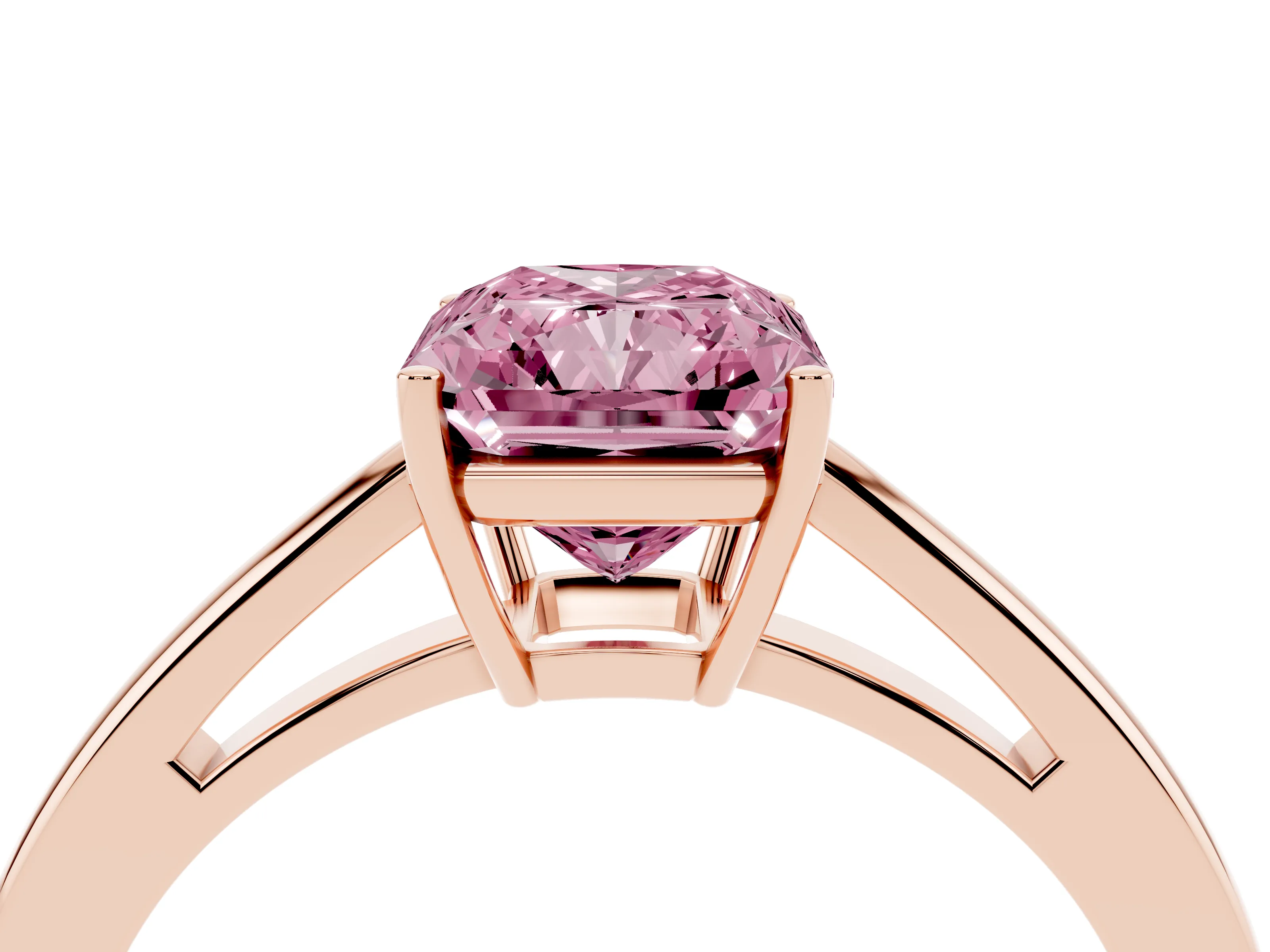 Fancy Pink Radiant Cut Diamond Solitaire Ring Set in Rose gold with Split Shank and Prong Setting