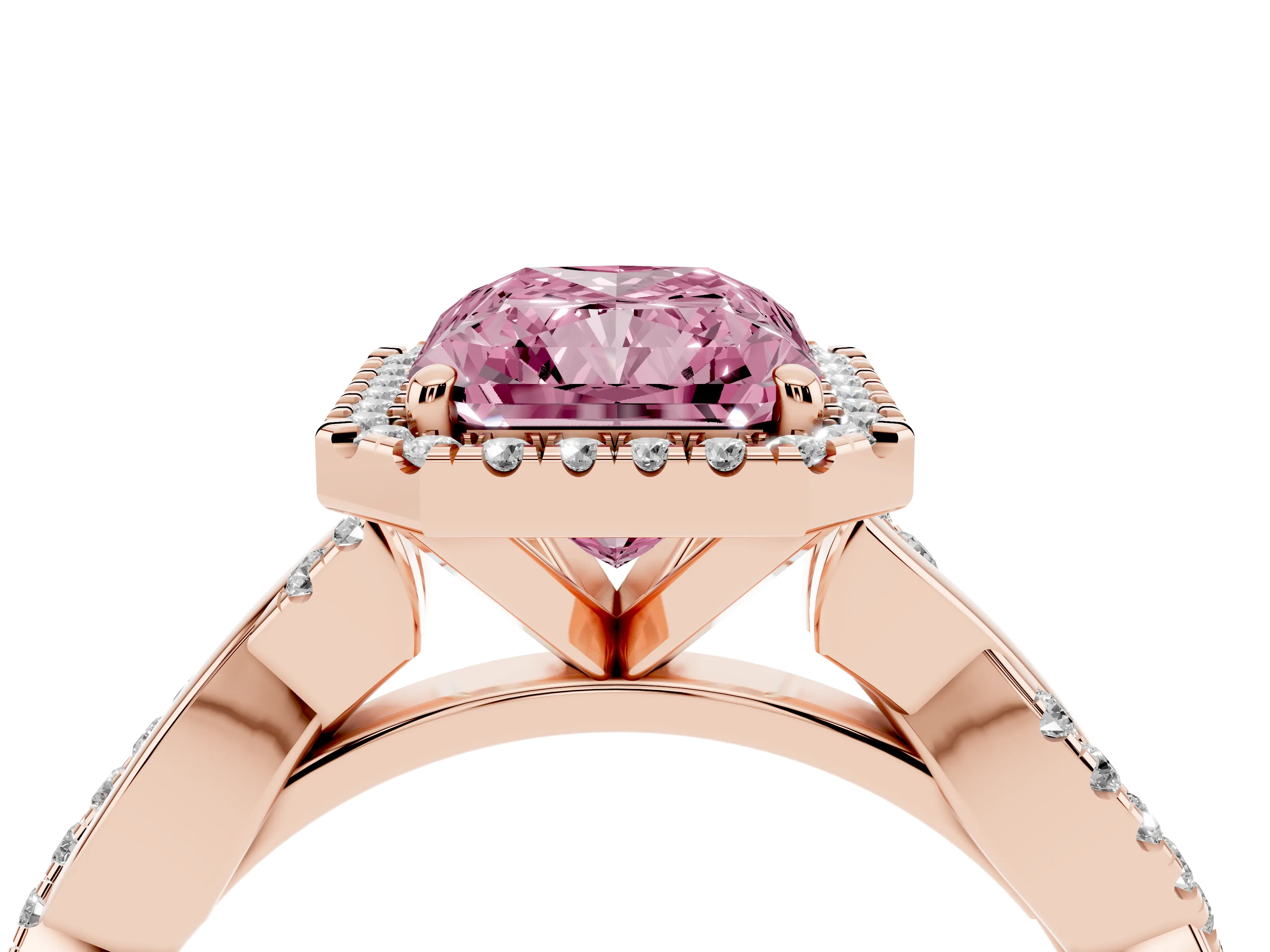 Fancy Pink Radiant Cut Diamond Halo Twisted Band Ring Set in Rose gold with Prong Setting