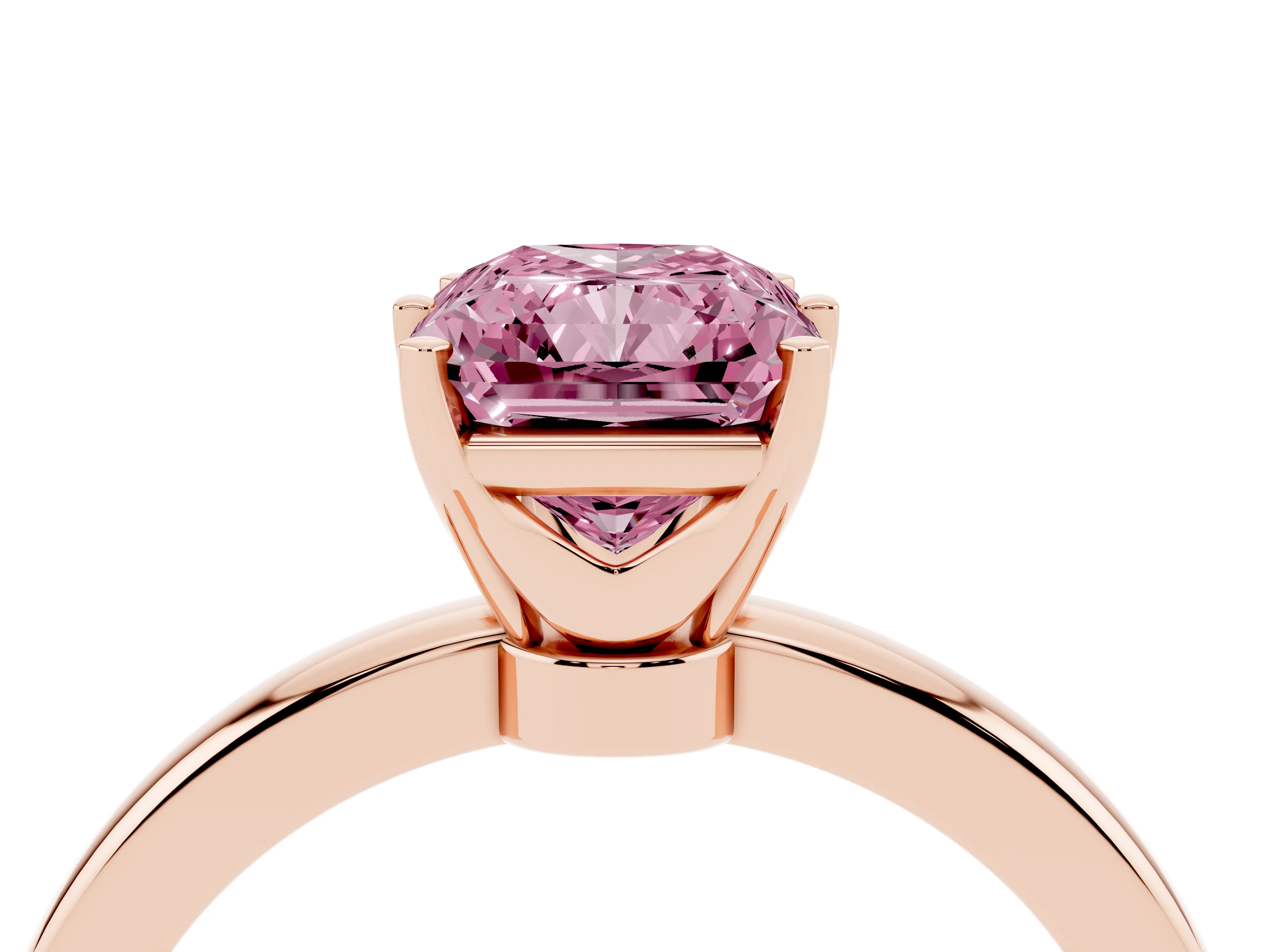 Fancy Pink Radiant Cut Diamond Solitaire Ring Set in Rose gold with Raised Prong Setting on a Classic Band