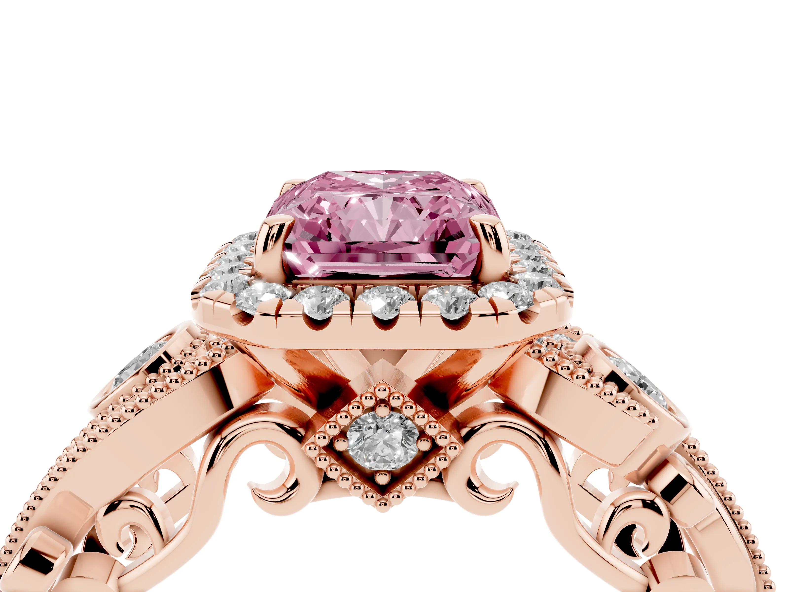 Fancy Pink Radiant Cut Diamond Halo Ring Set in Rose gold with Milgrain Pavé Band and Prong Setting