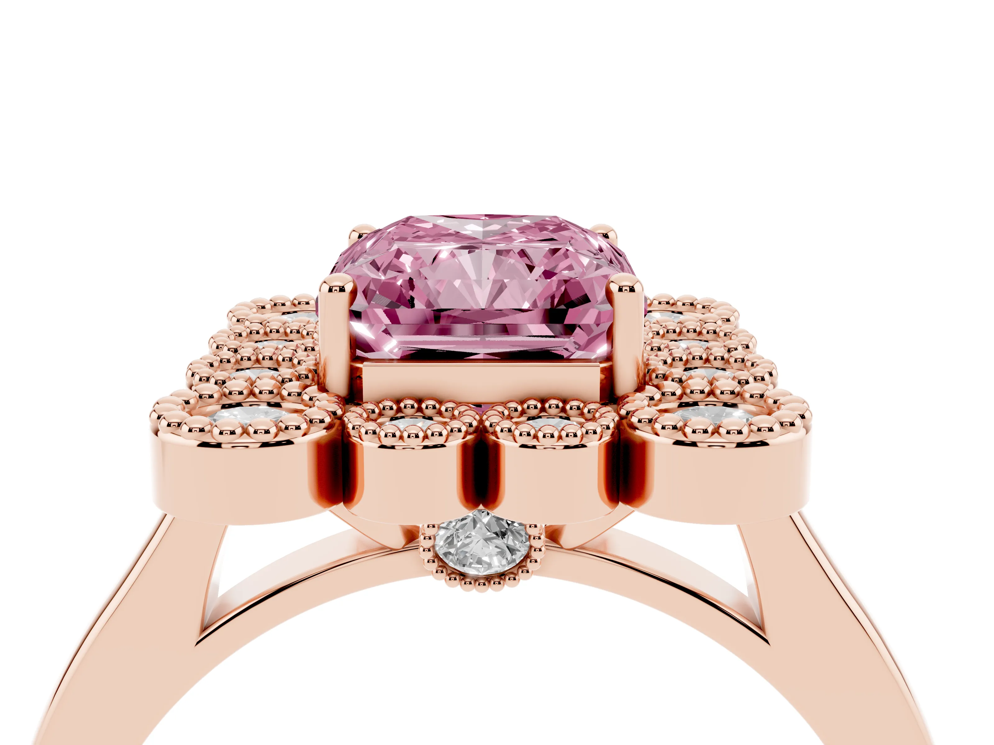 Fancy Pink Radiant Cut Diamond Cluster Halo Ring Set in Rose gold with Milgrain Bezel Accents and Plain Band