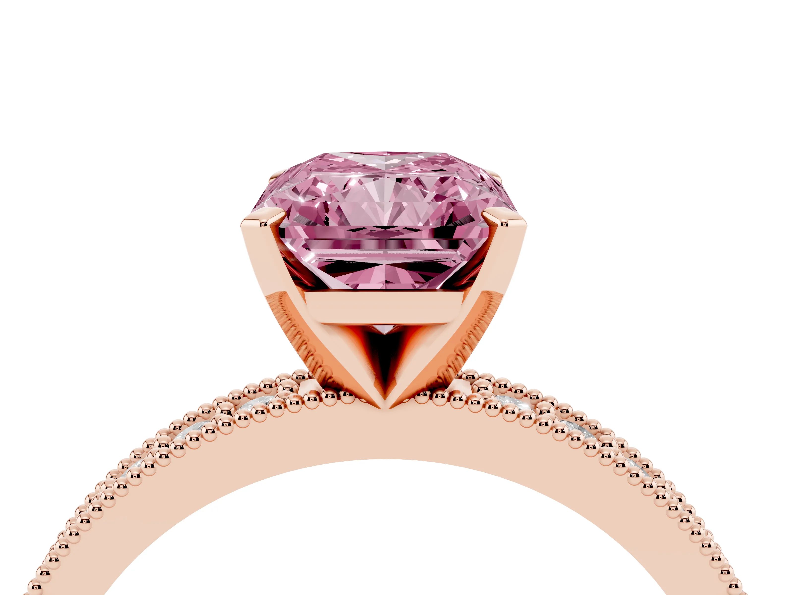 Fancy Pink Radiant Cut Diamond Milgrain Pavé Engagement Ring Set in Rose gold with Prong Setting