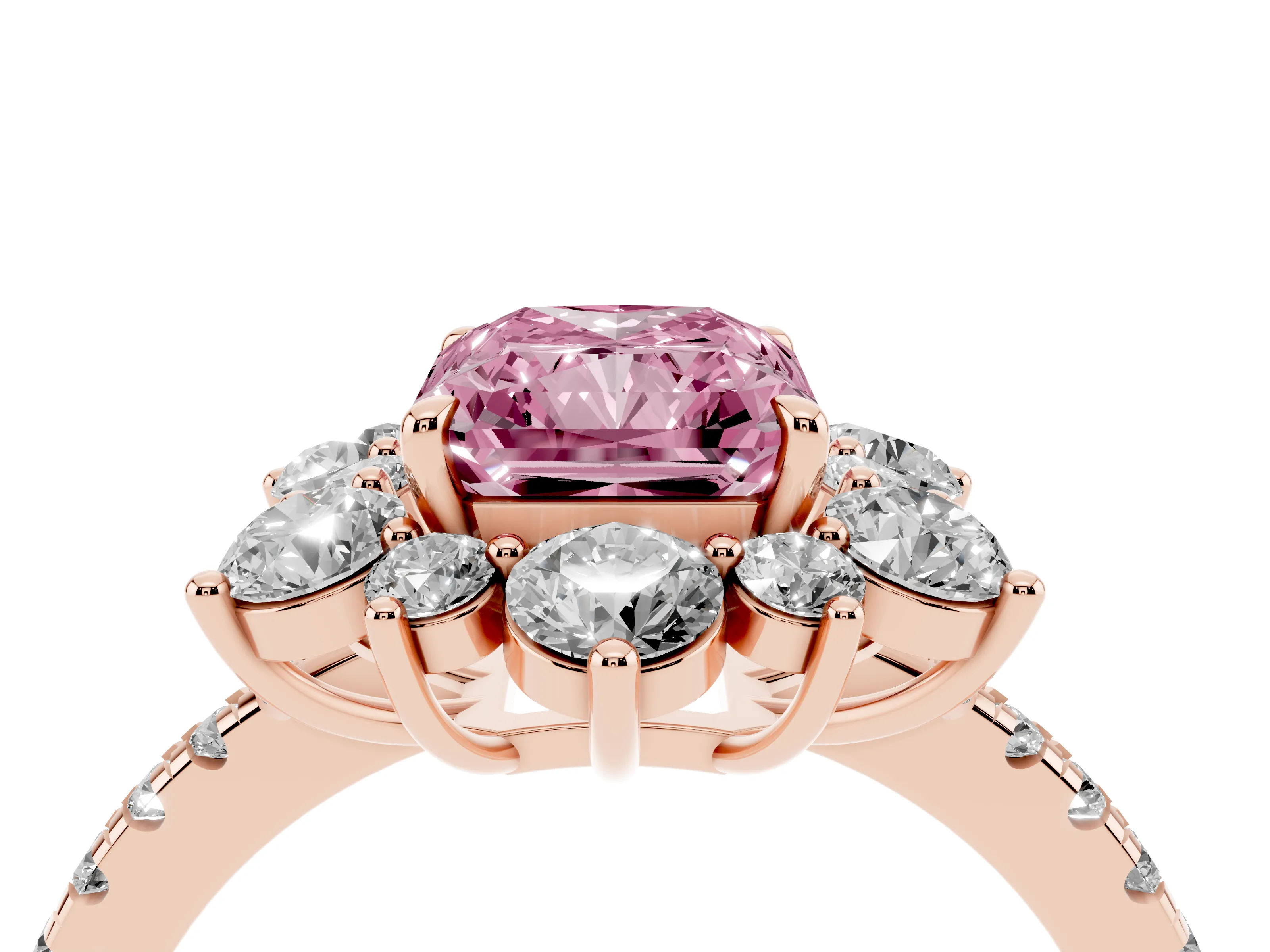 Fancy Pink Radiant Cut Diamond Floral Halo Ring Set in Rose gold with Round Pavé Band and Prong Setting