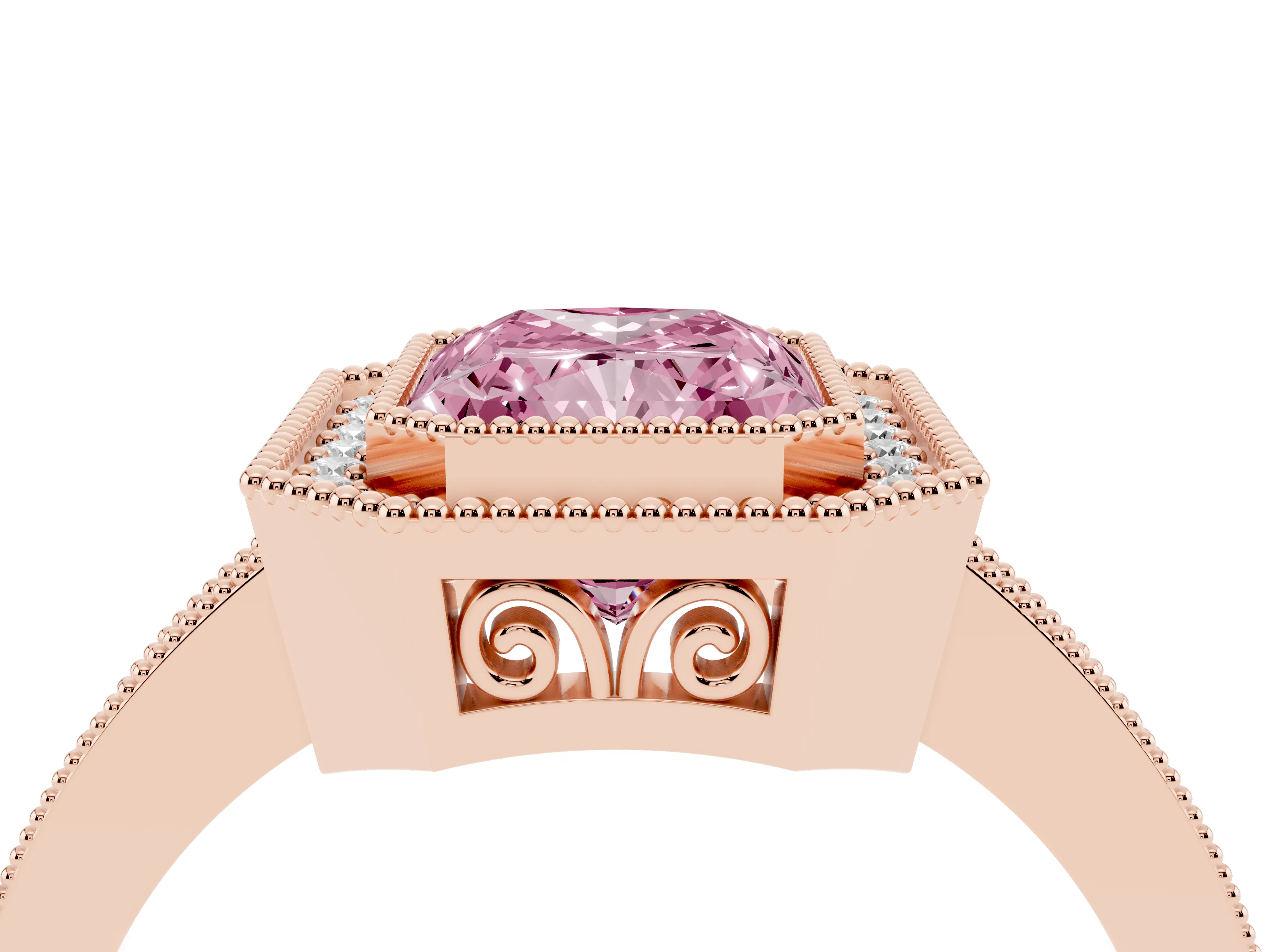 Fancy Pink Radiant Cut Diamond Halo Ring Set in Rose gold with Pavé Band and Milgrain-Edged Prongs