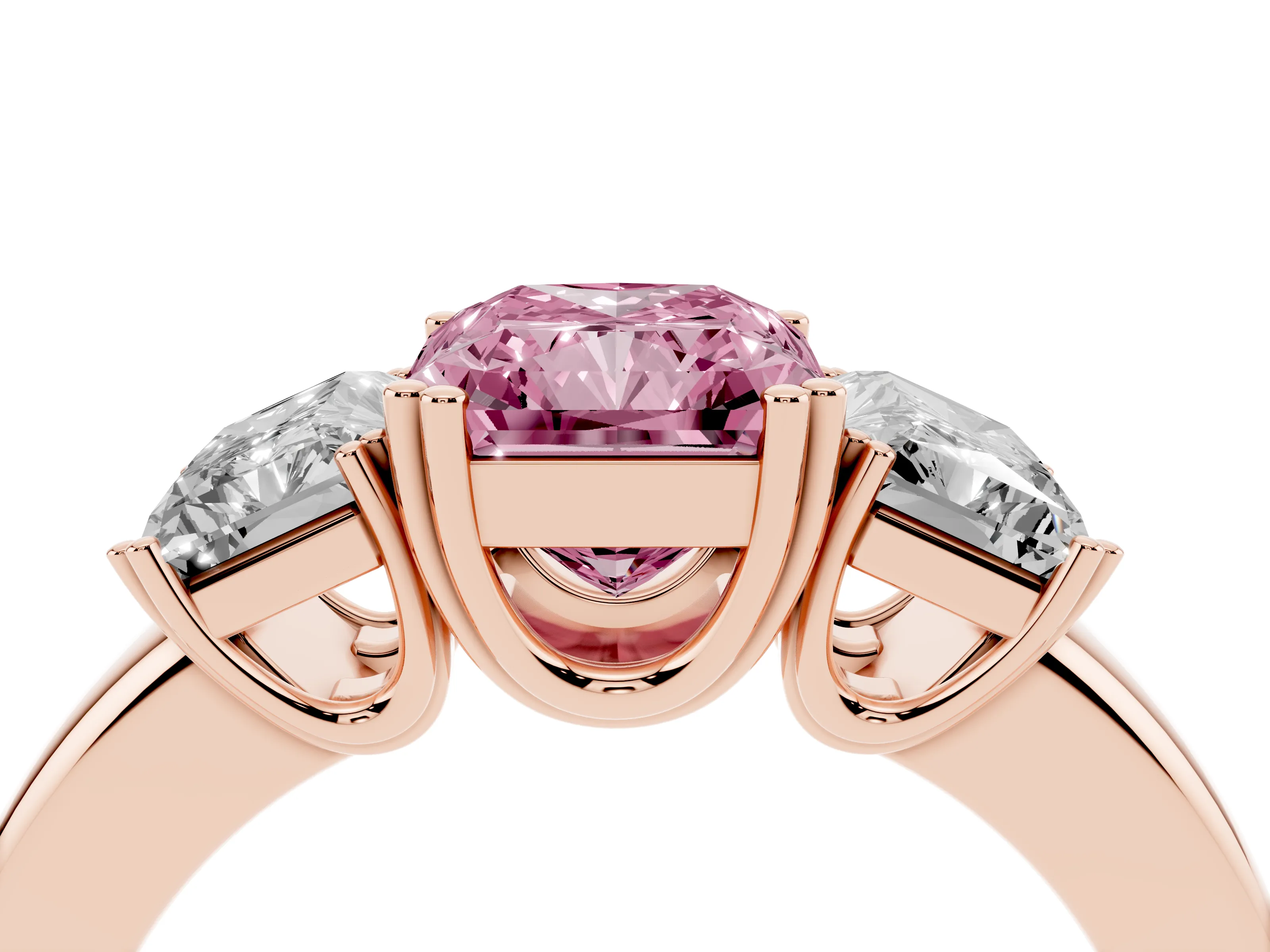 Fancy Pink Radiant Cut Diamond Three-Stone Ring Set in Rose gold with Polished Channel-Set Band