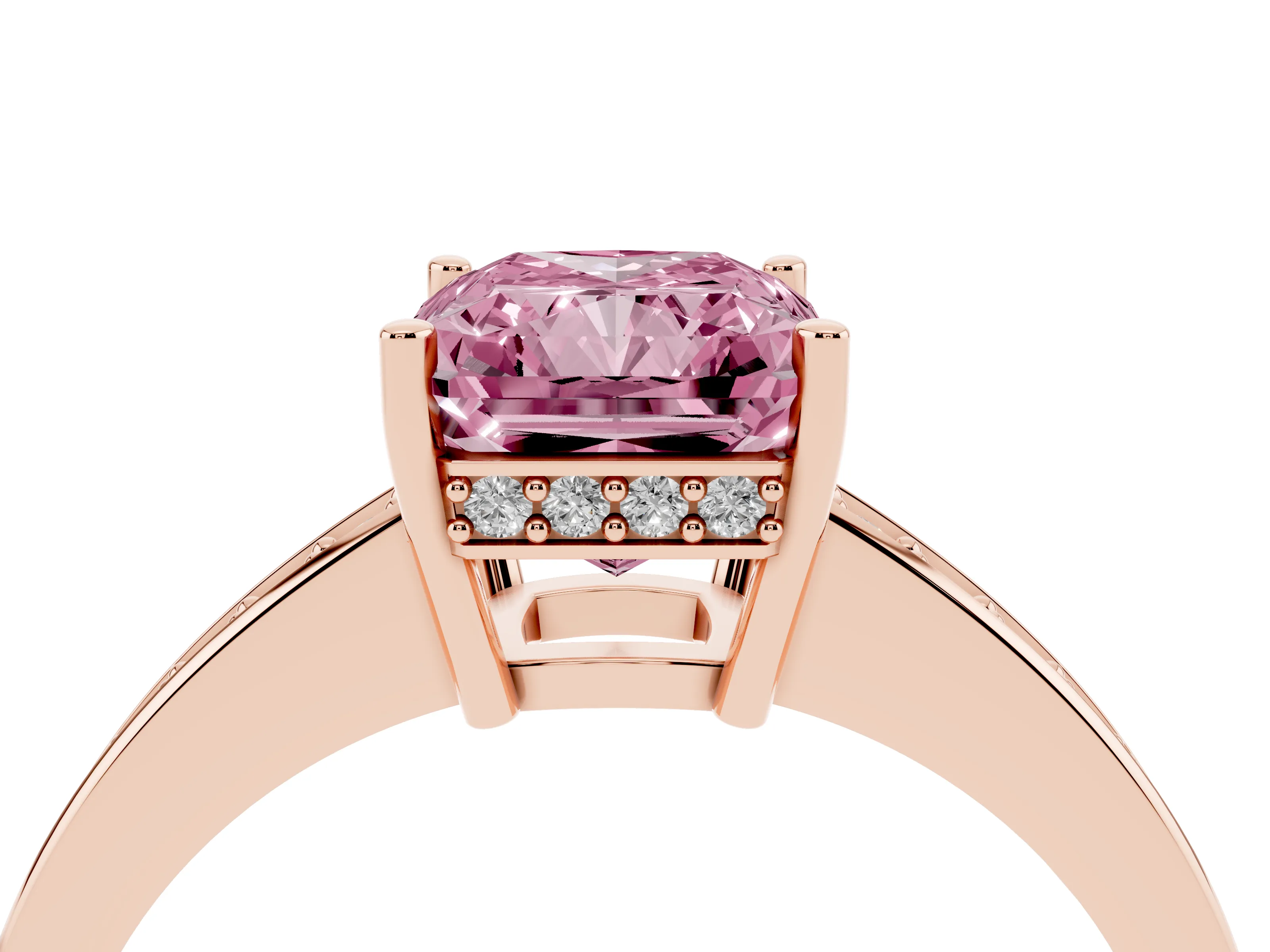 Fancy Pink Radiant Cut Diamond Pavé Band Prong Set Solitaire Ring Set in Rose gold