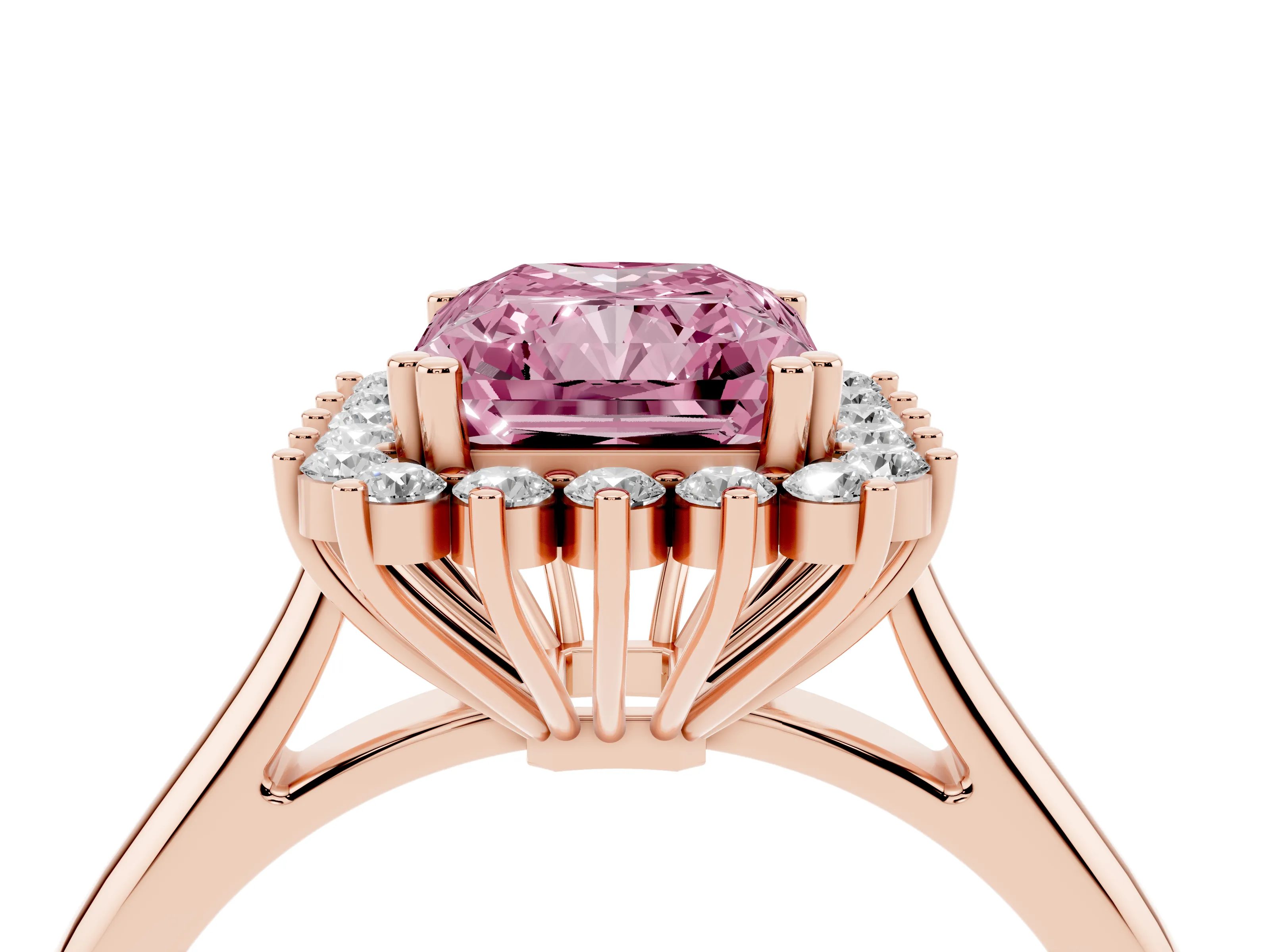 Fancy Pink Radiant Cut Diamond Halo Ring Set in Rose gold with Plain Solitaire Band and Prong Setting