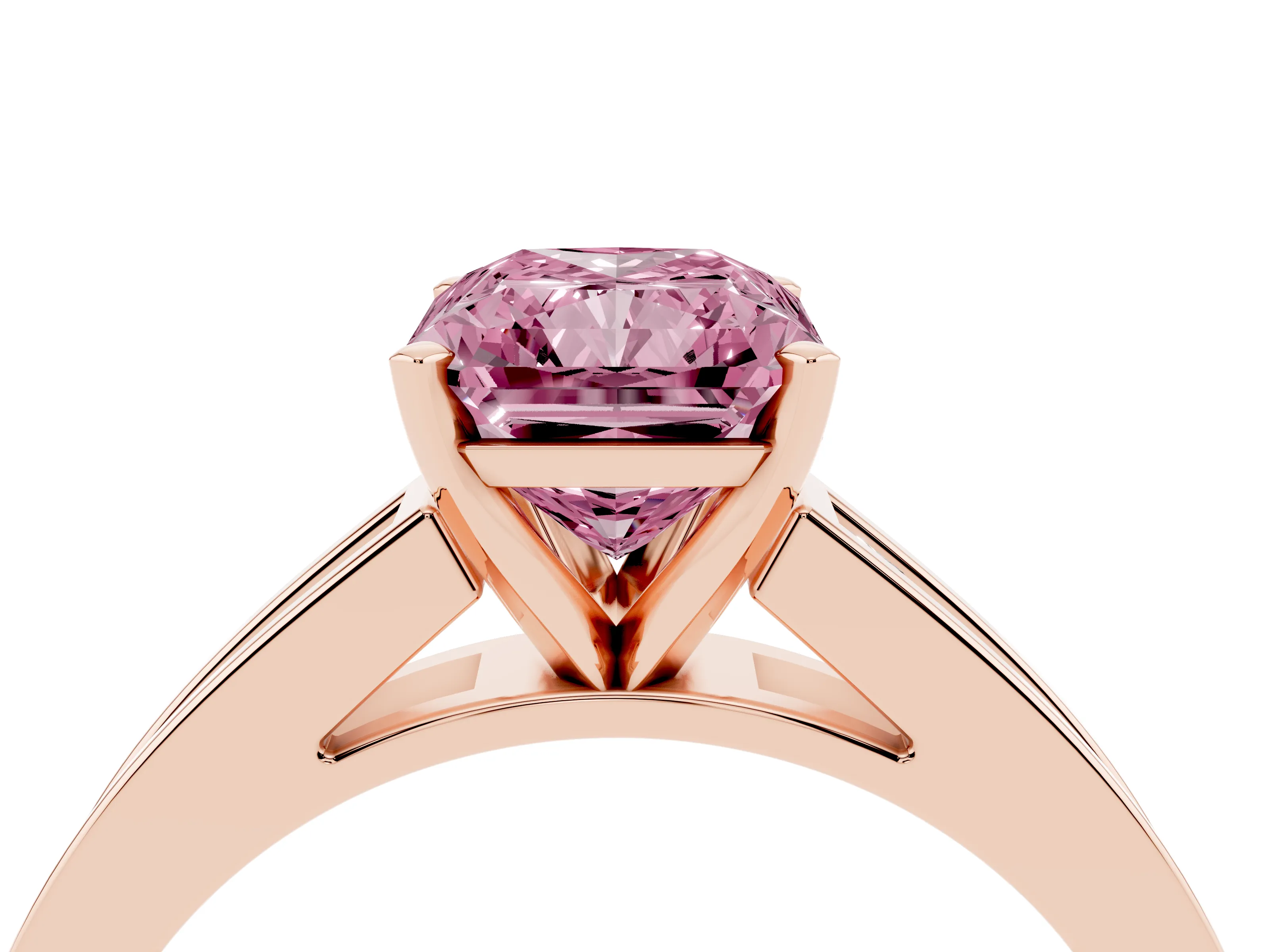 Fancy Pink Radiant Cut Diamond Solitaire Ring Set in Rose gold with Channel-Set Band and Prong Setting