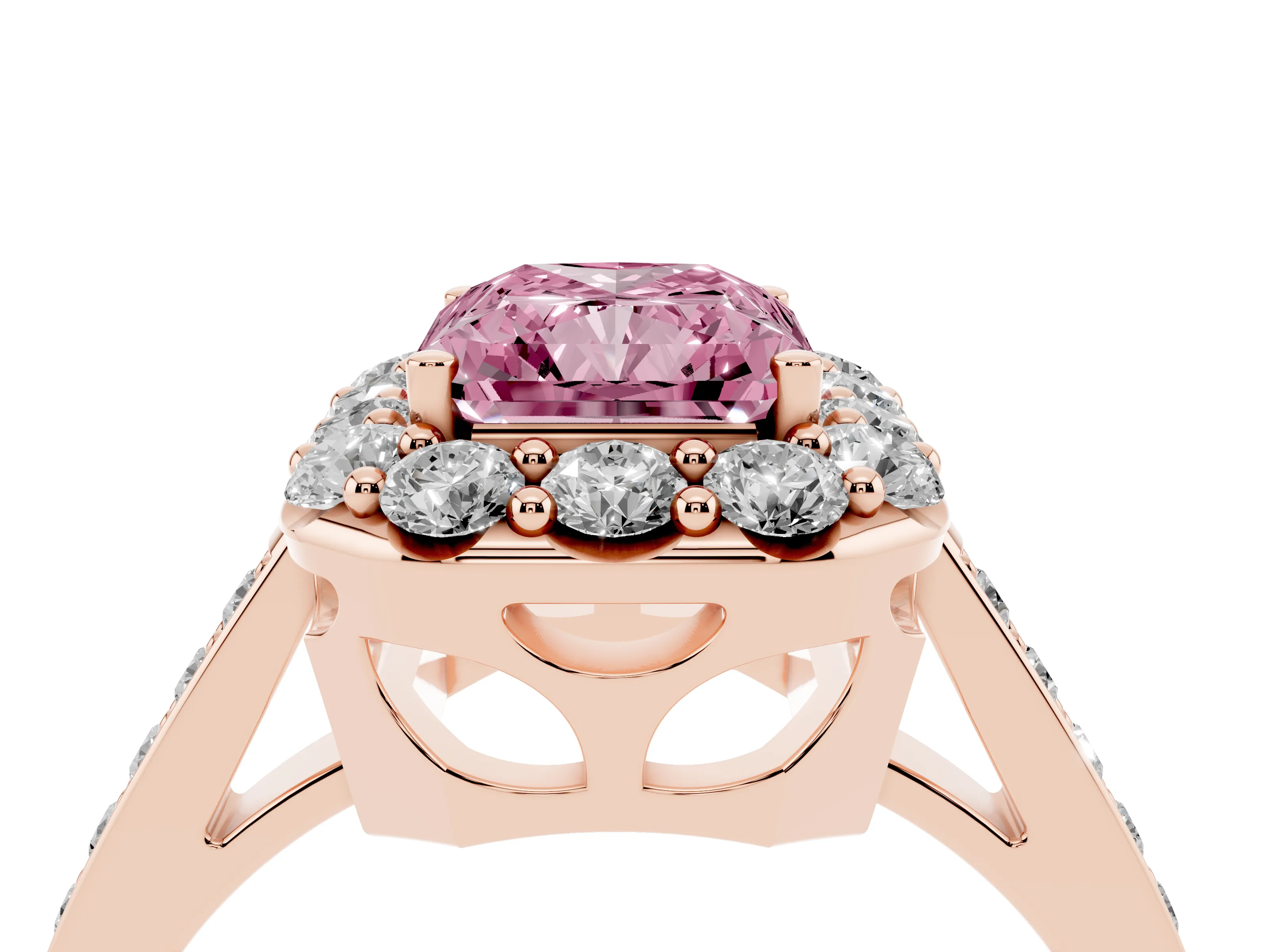 Fancy Pink Radiant Cut Diamond Floral Halo Ring Set in Rose gold with Pavé Band and Prong Setting