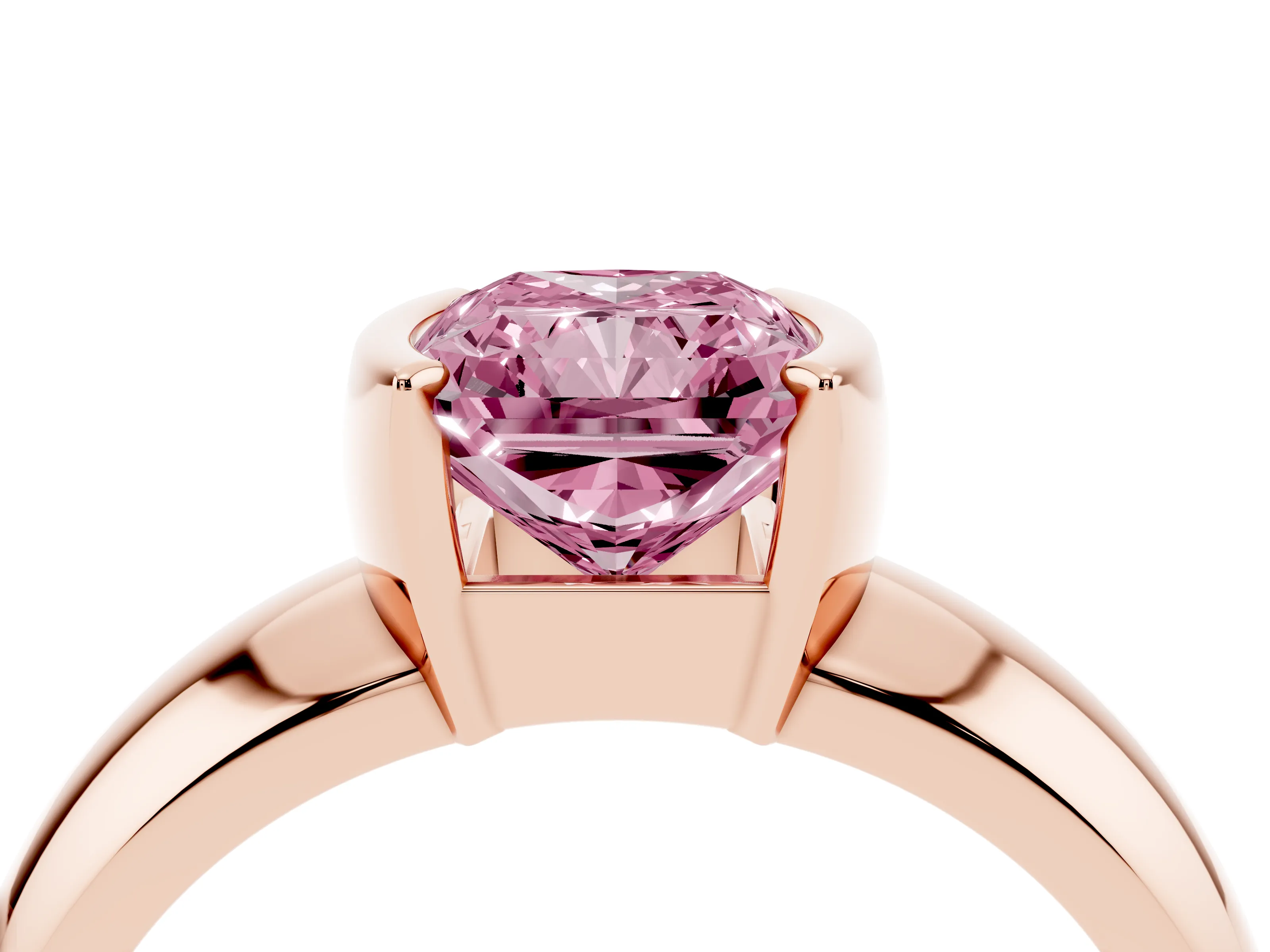 Fancy Pink Radiant Cut Diamond Solitaire Tension Set Ring Set in Rose gold with Wide Band