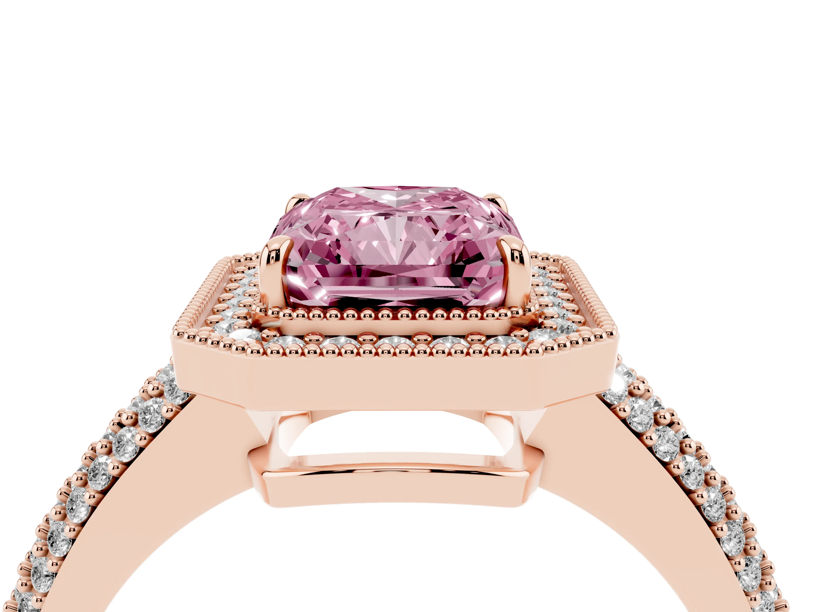 Fancy Pink Radiant Cut Diamond Halo Pavé Band Set in Rose gold with Prong Setting