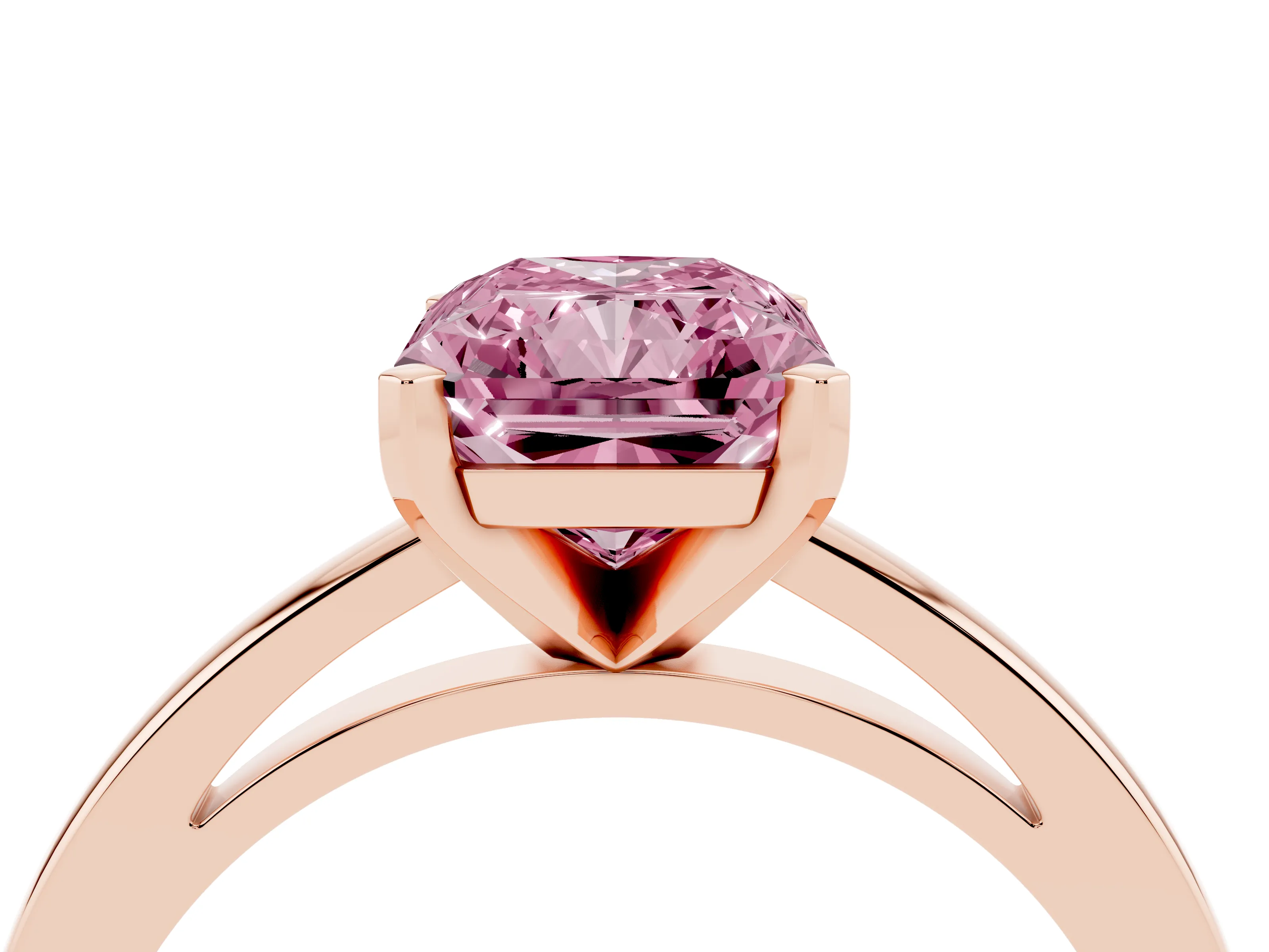 Fancy Pink Radiant Cut Diamond Solitaire Engagement Ring Set in Rose gold with Prong Setting on a Classic Band