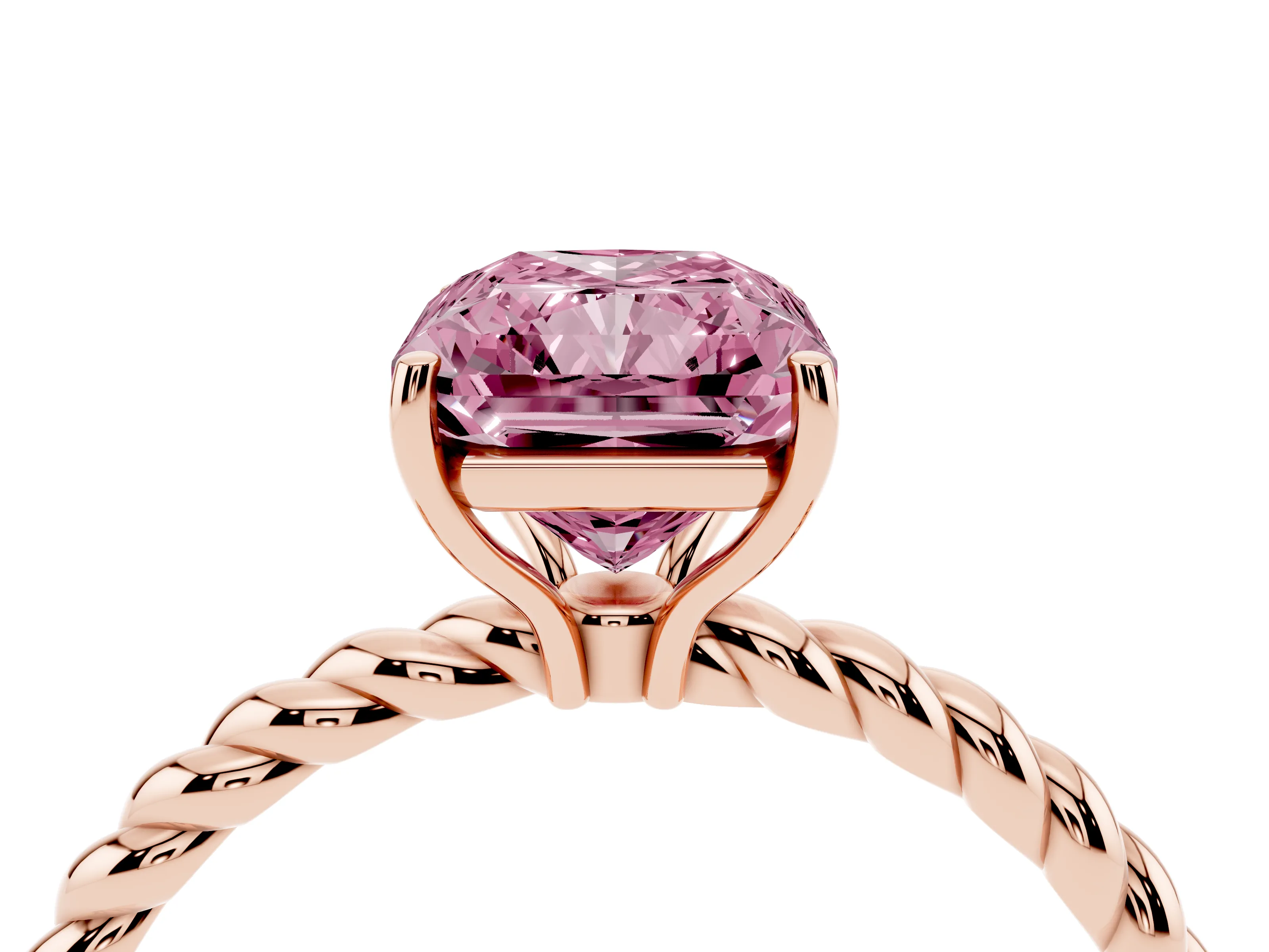 Fancy Pink Radiant Cut Diamond Solitaire Ring Set in Rose gold with Twist Band and Prong Setting