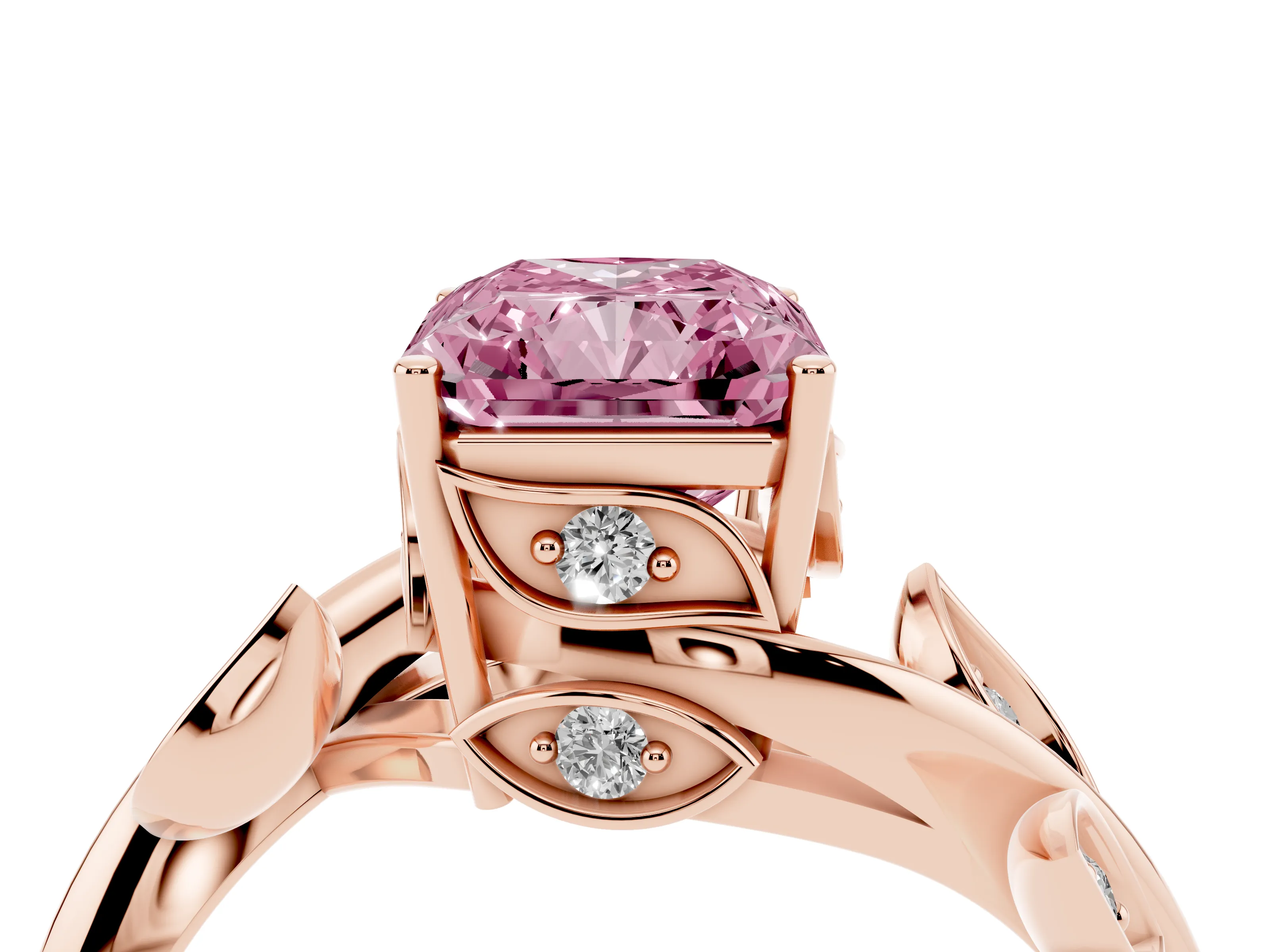 Fancy Pink Radiant Cut Diamond Solitaire Twist Engagement Ring Set in Rose gold with Pavé Leaf Accents