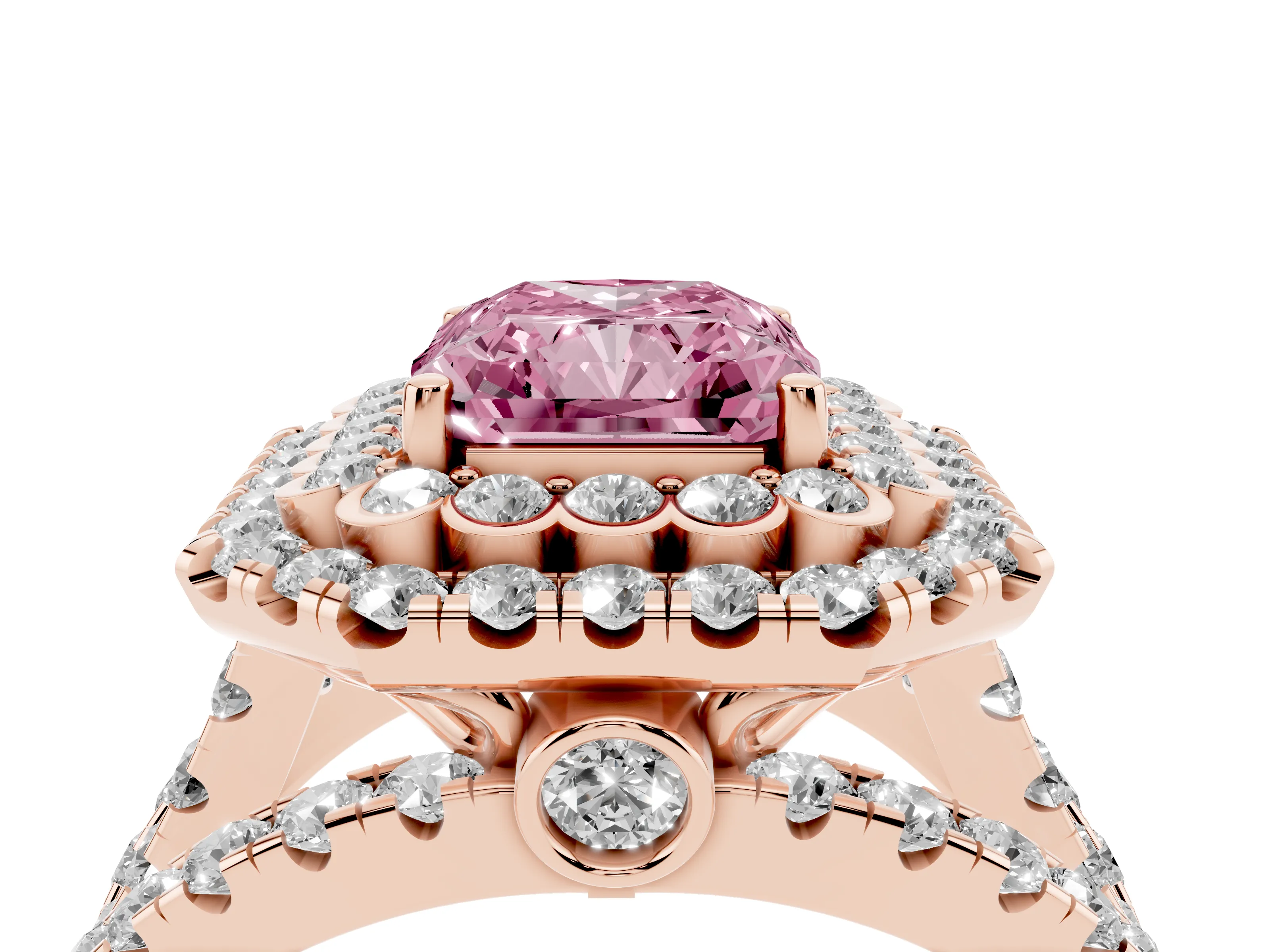 Fancy Pink Radiant Cut Diamond Double Halo Ring Set in Rose gold with Round Pavé Split Shank