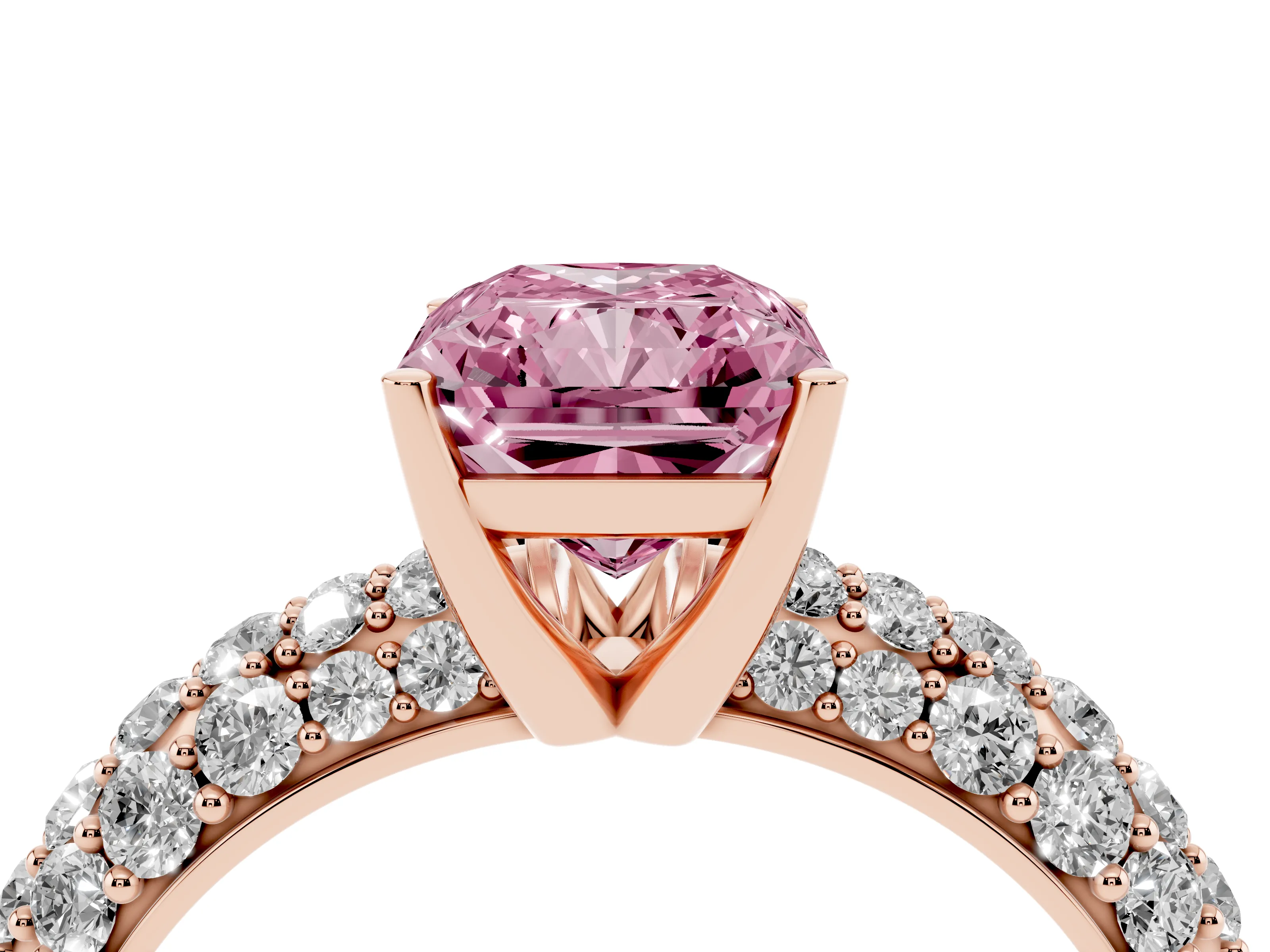 Fancy Pink Radiant Cut Diamond Pavé Band Solitaire Ring Set in Rose gold with Close-Set Accent Stones and Prong Setting