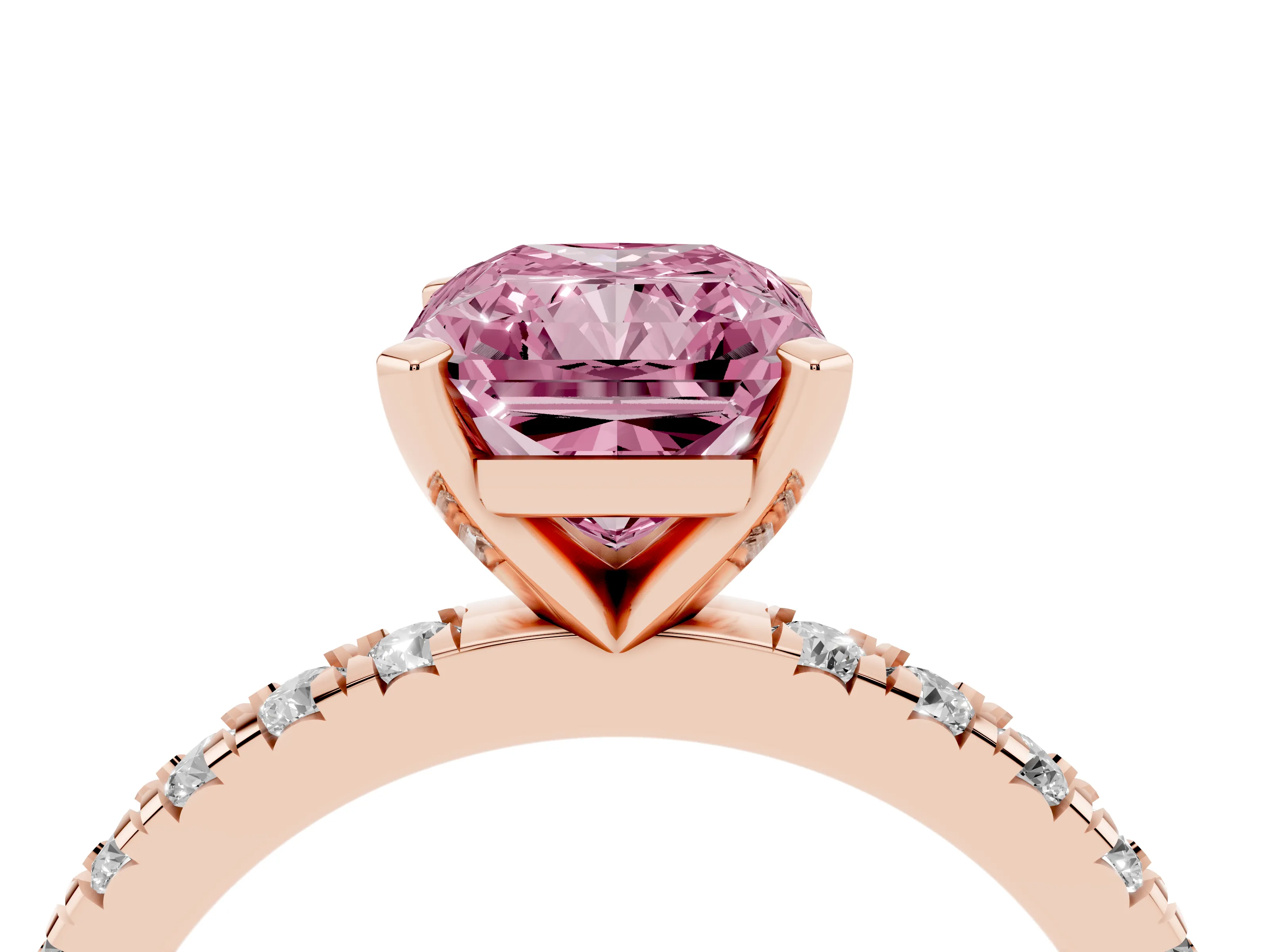 Fancy Pink Radiant Cut Diamond Pavé Band Solitaire Set in Rose gold with Prong Setting