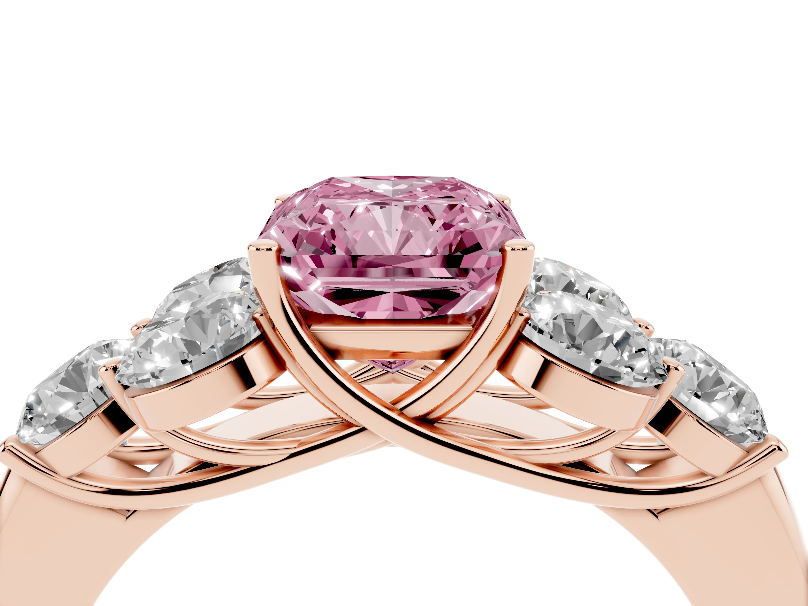 Fancy Pink Radiant Cut Diamond Cluster Ring Set in Rose gold with Round Accent Stones and Prong Setting on a Plain Band