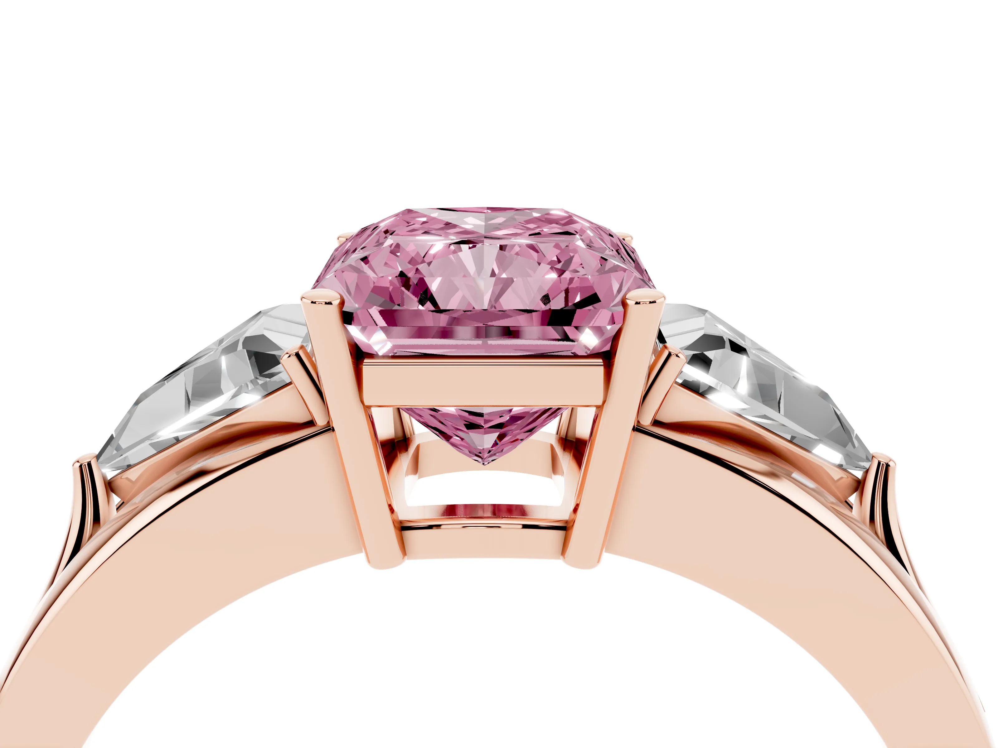 Fancy Pink Radiant Cut Diamond Three-Stone Ring Set in Rose gold with Trillion Side Stones and Split Shank