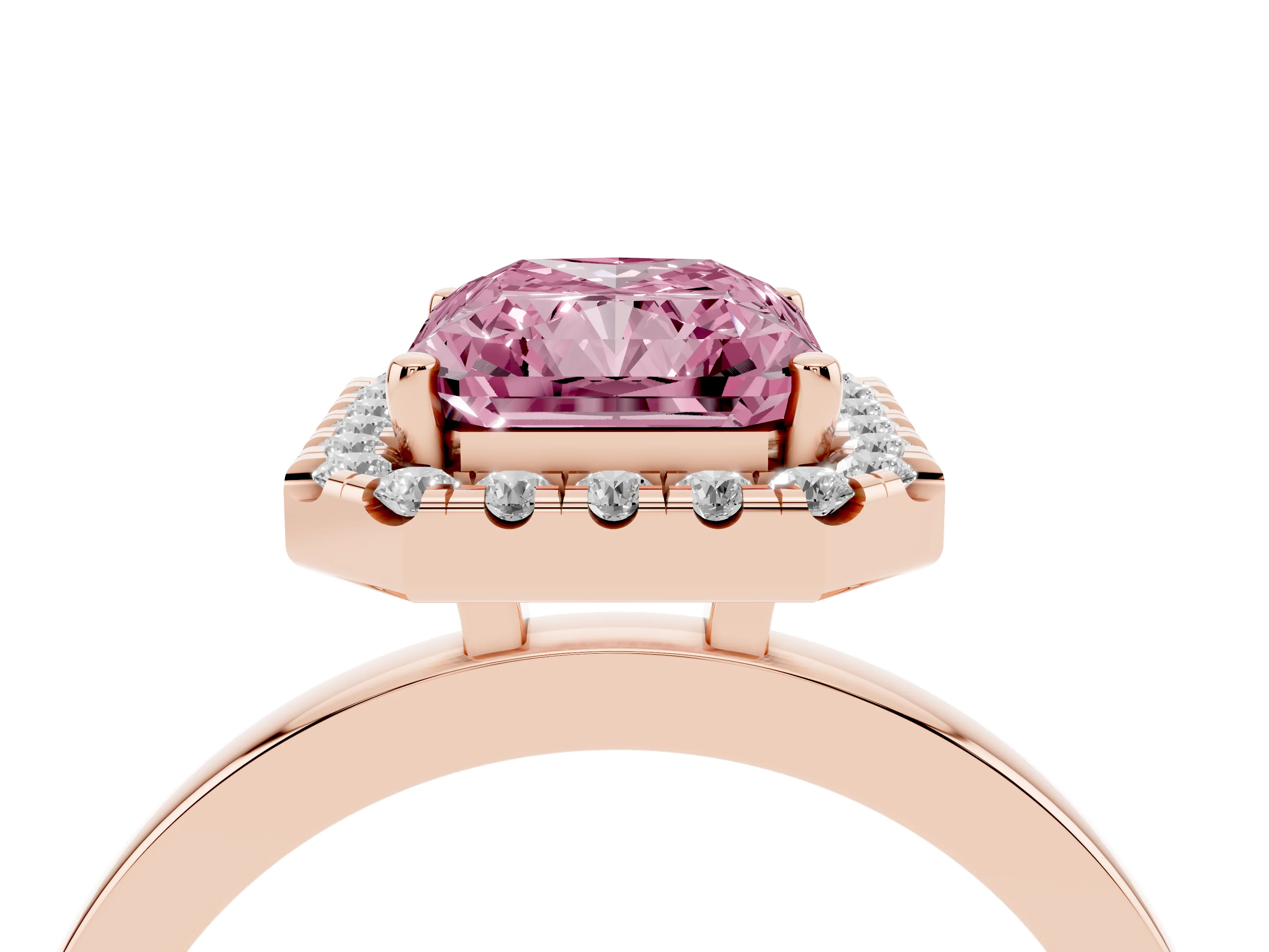 Fancy Pink Radiant Cut Diamond Halo Solitaire Ring Set in Rose gold with Pavé Band and Prong Setting