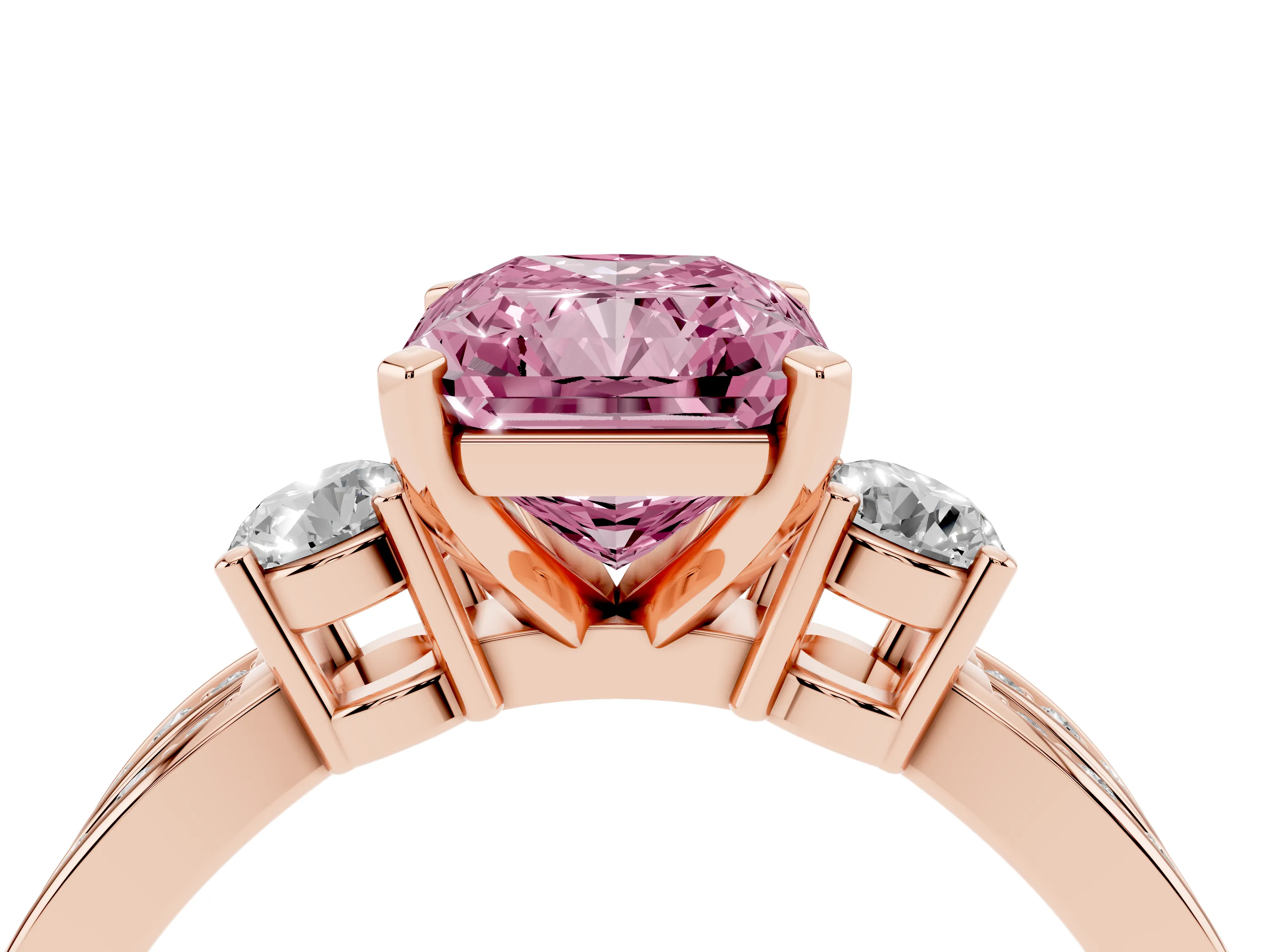 Fancy Pink Three-Stone Radiant Cut Diamond Twist Band Ring Set in Rose gold with Pavé Accents and Prong Setting