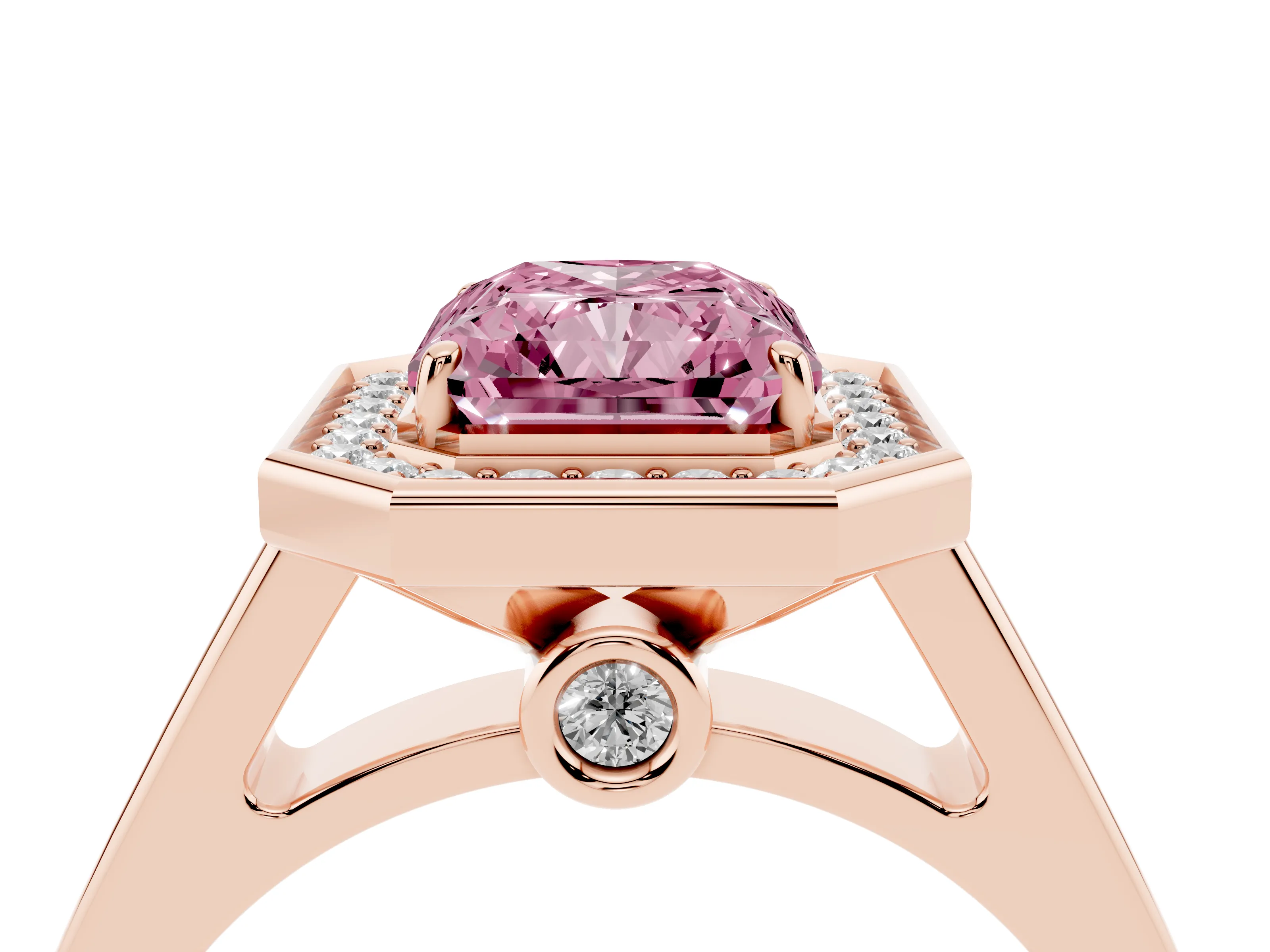 Fancy Pink Radiant Cut Diamond Halo Solitaire Ring Set in Rose gold with Pavé Band and Bezel Setting