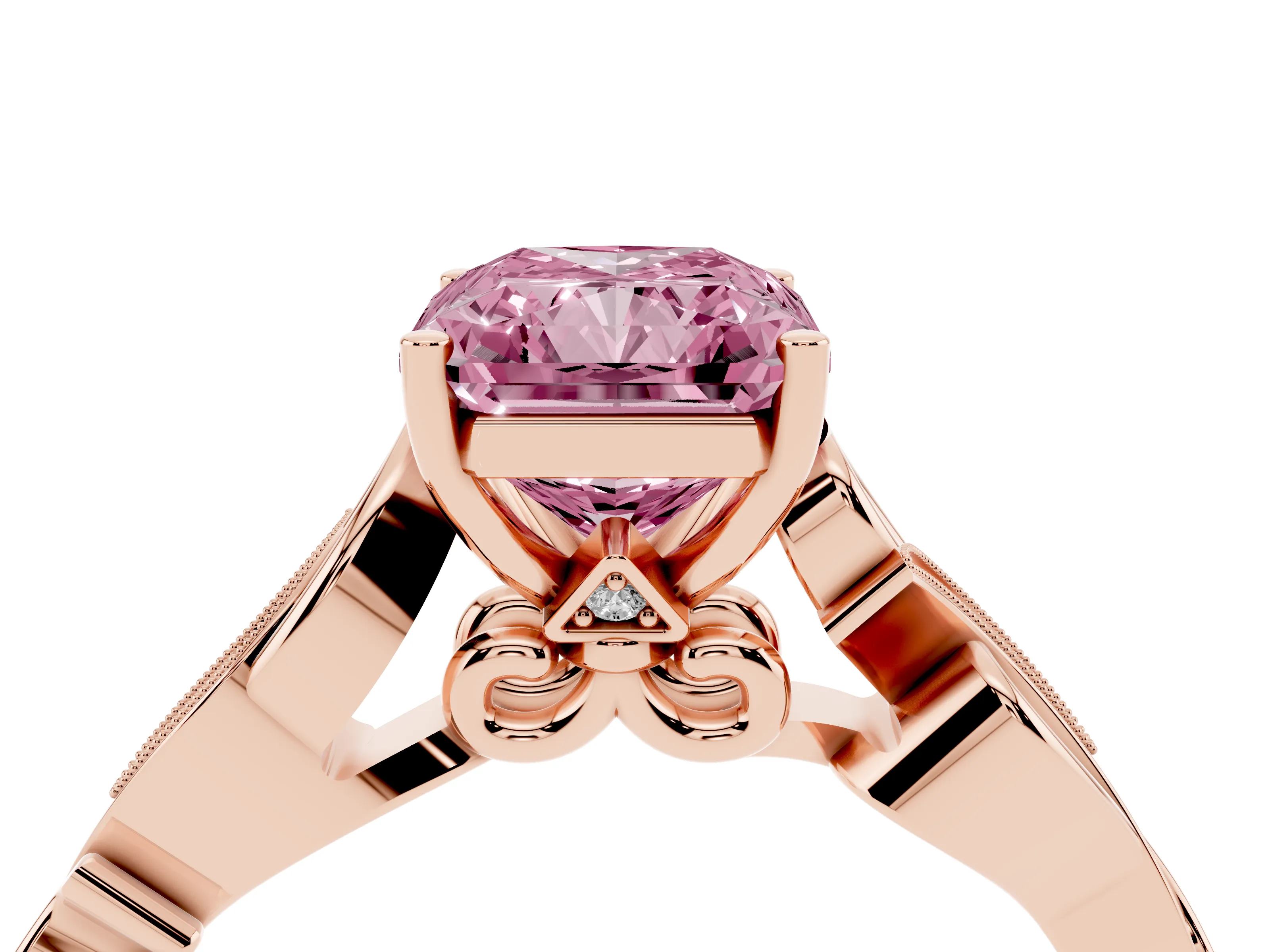 Fancy Pink Radiant Cut Diamond Vine Band Solitaire Ring Set in Rose gold with Milgrain Prong Setting