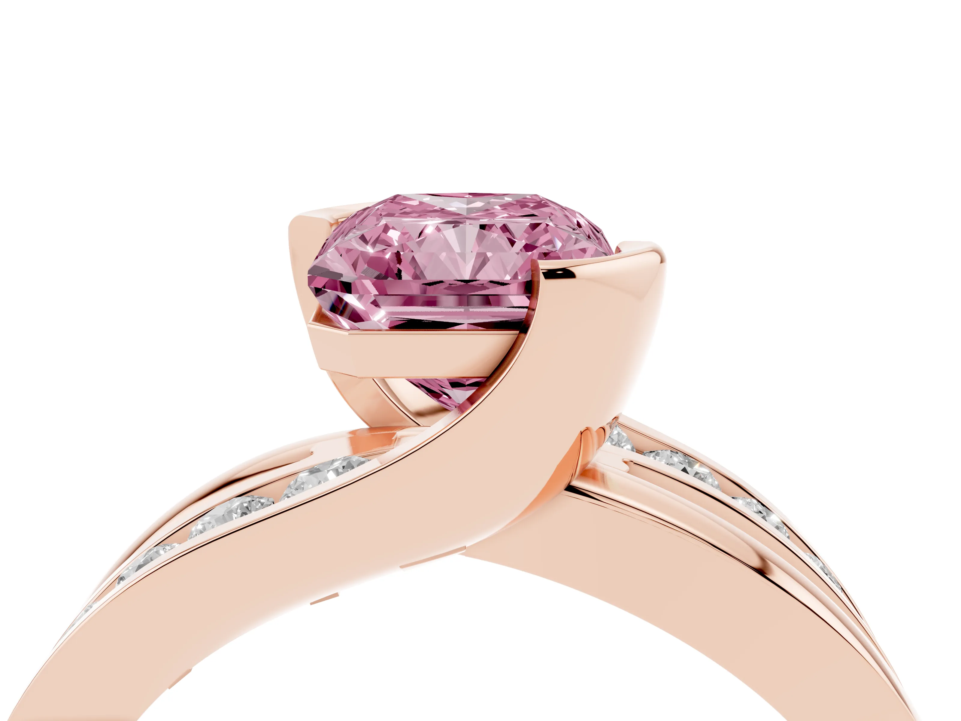 Fancy Pink Radiant Cut Diamond Solitaire Ring Set in Rose gold with Channel Set Split Shank and Tension Prongs