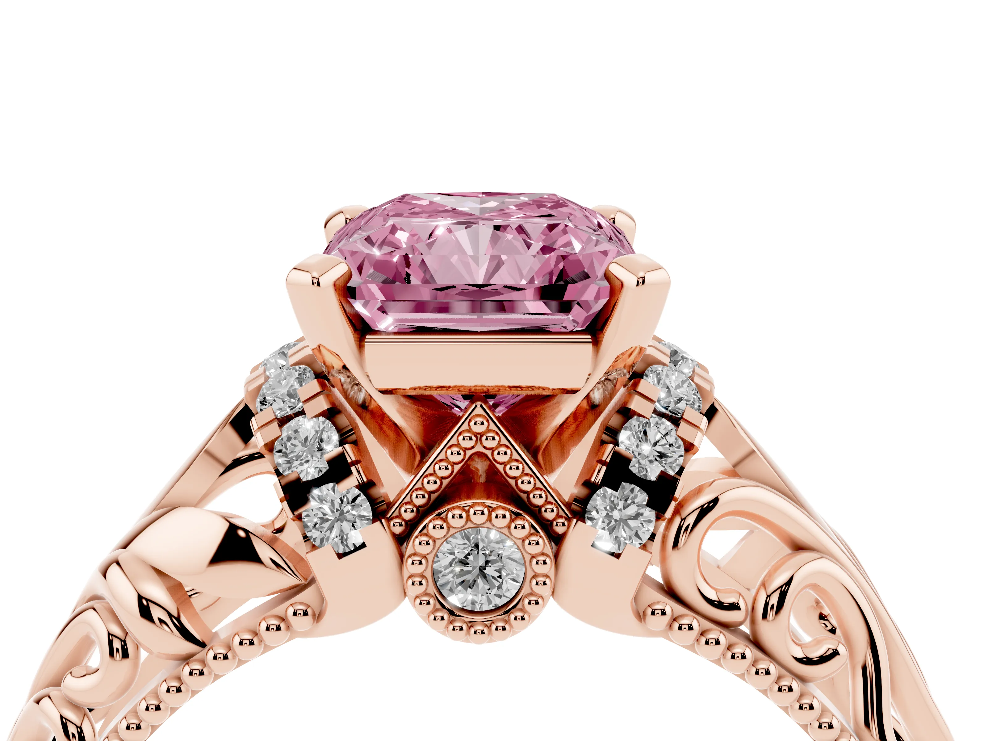 Fancy Pink Radiant Cut Diamond Filigree Halo Engagement Ring Set in Rose gold with Prong Setting