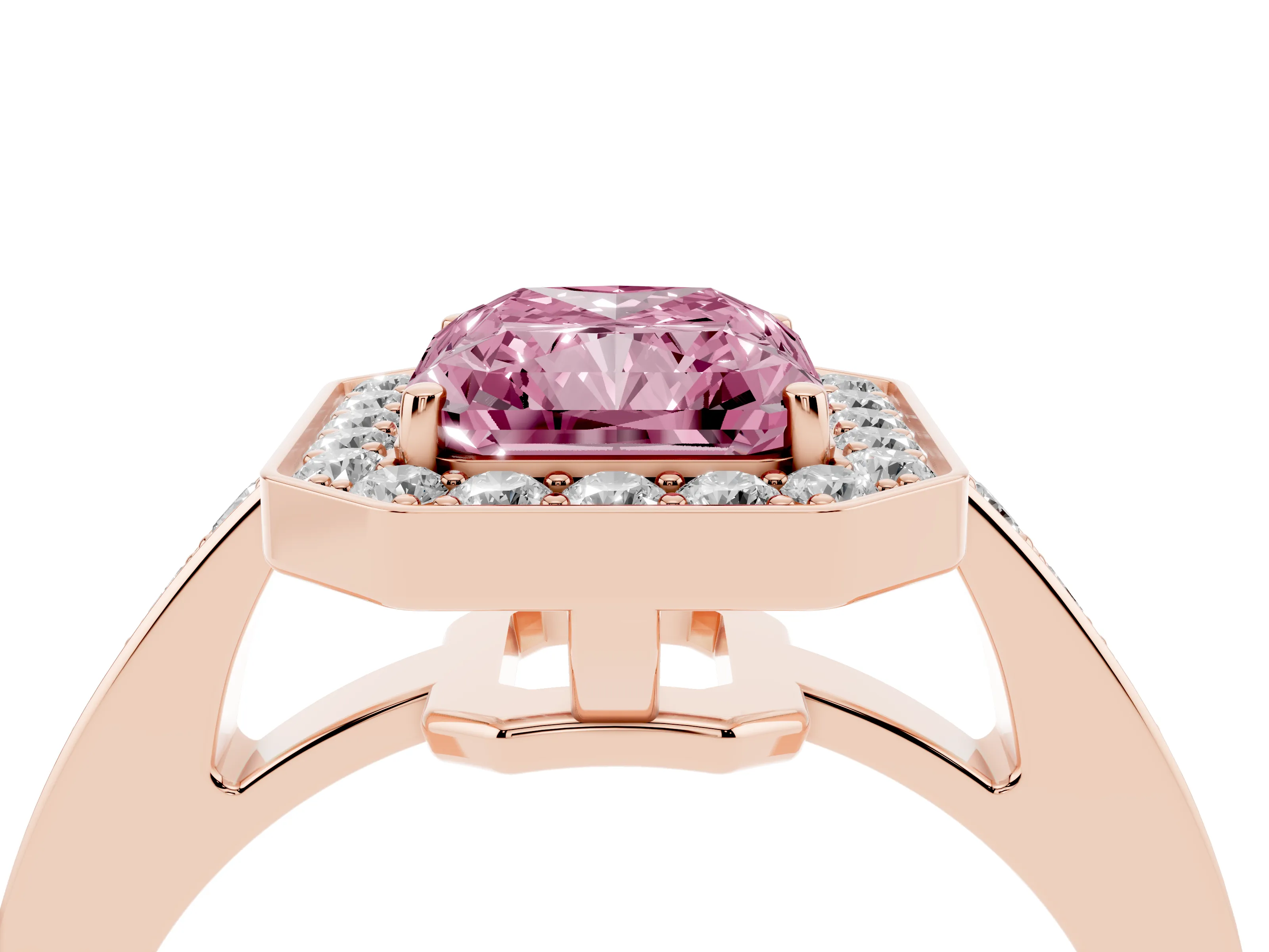 Fancy Pink Radiant Cut Diamond Halo Pavé Engagement Ring Set in Rose gold with Bezel Setting