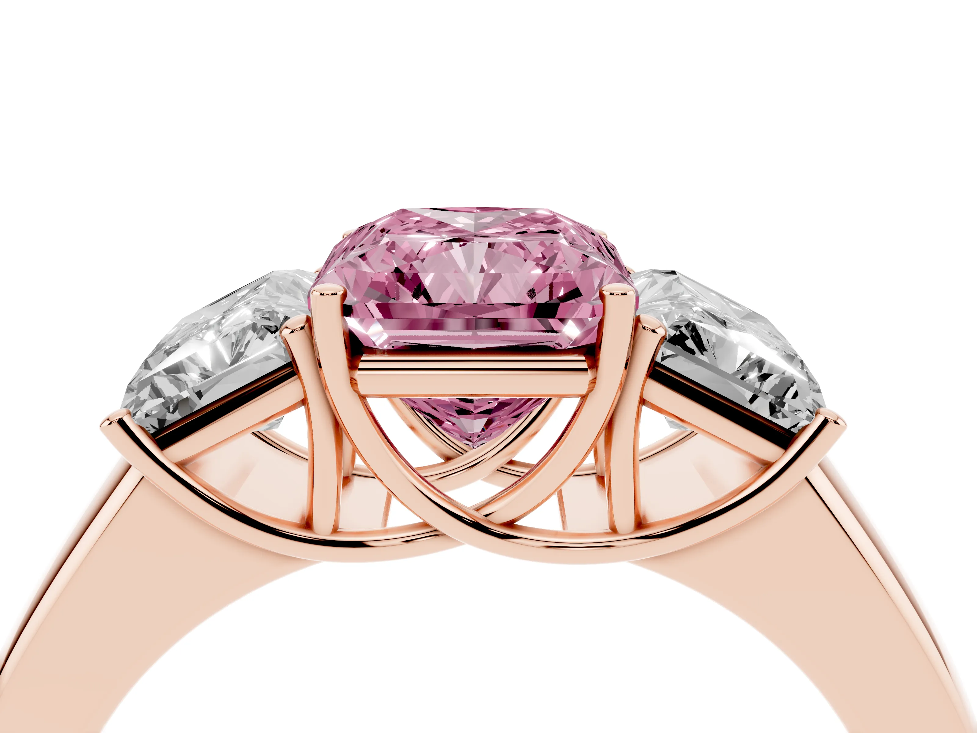 Fancy Pink Three-Stone Radiant Cut Diamond Ring Set in Rose gold with Matching Prong Settings and Plain Band