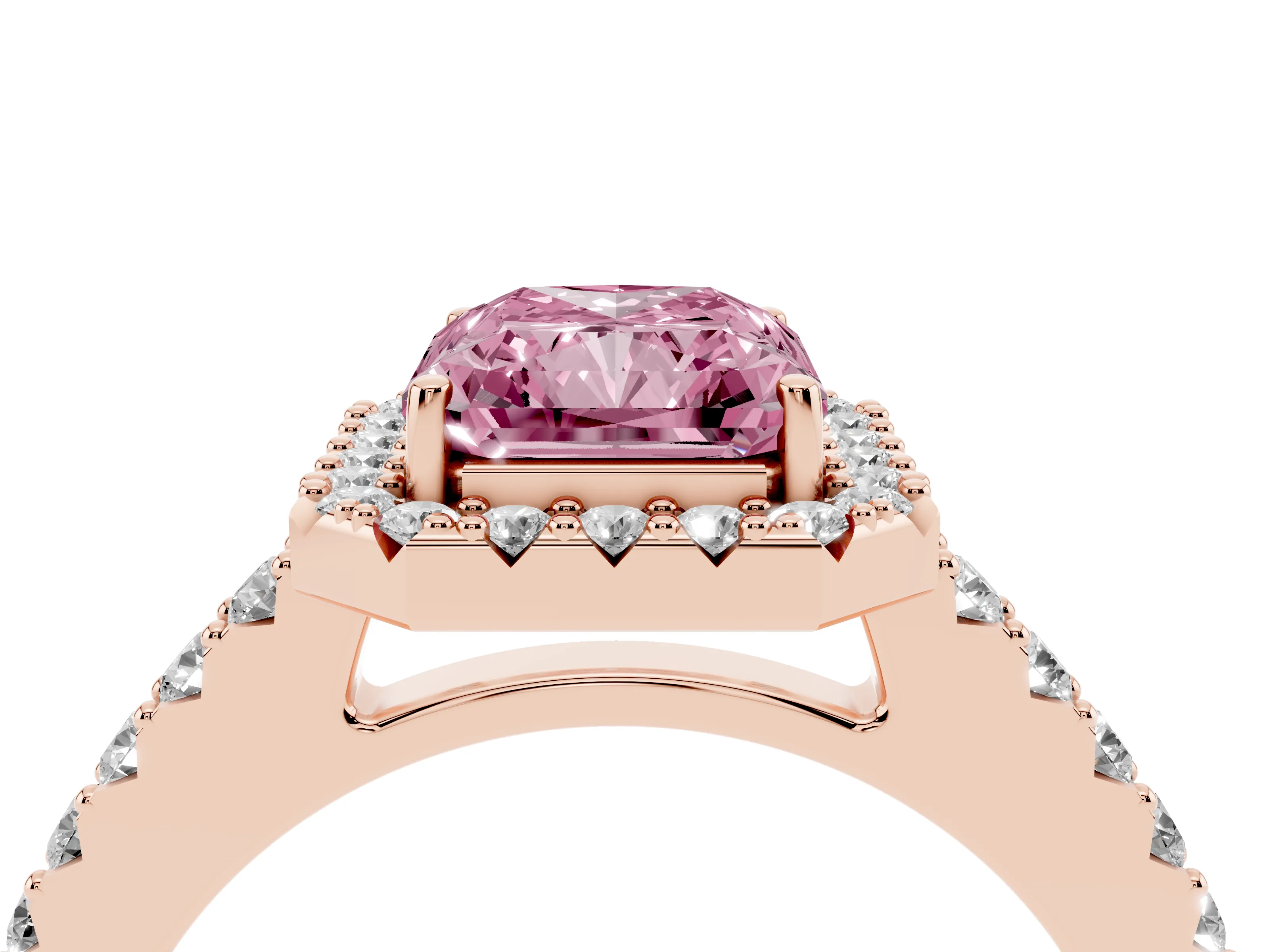 Fancy Pink Radiant Cut Diamond Halo Pavé Solitaire Ring Set in Rose gold with Prong-Set Center Stone