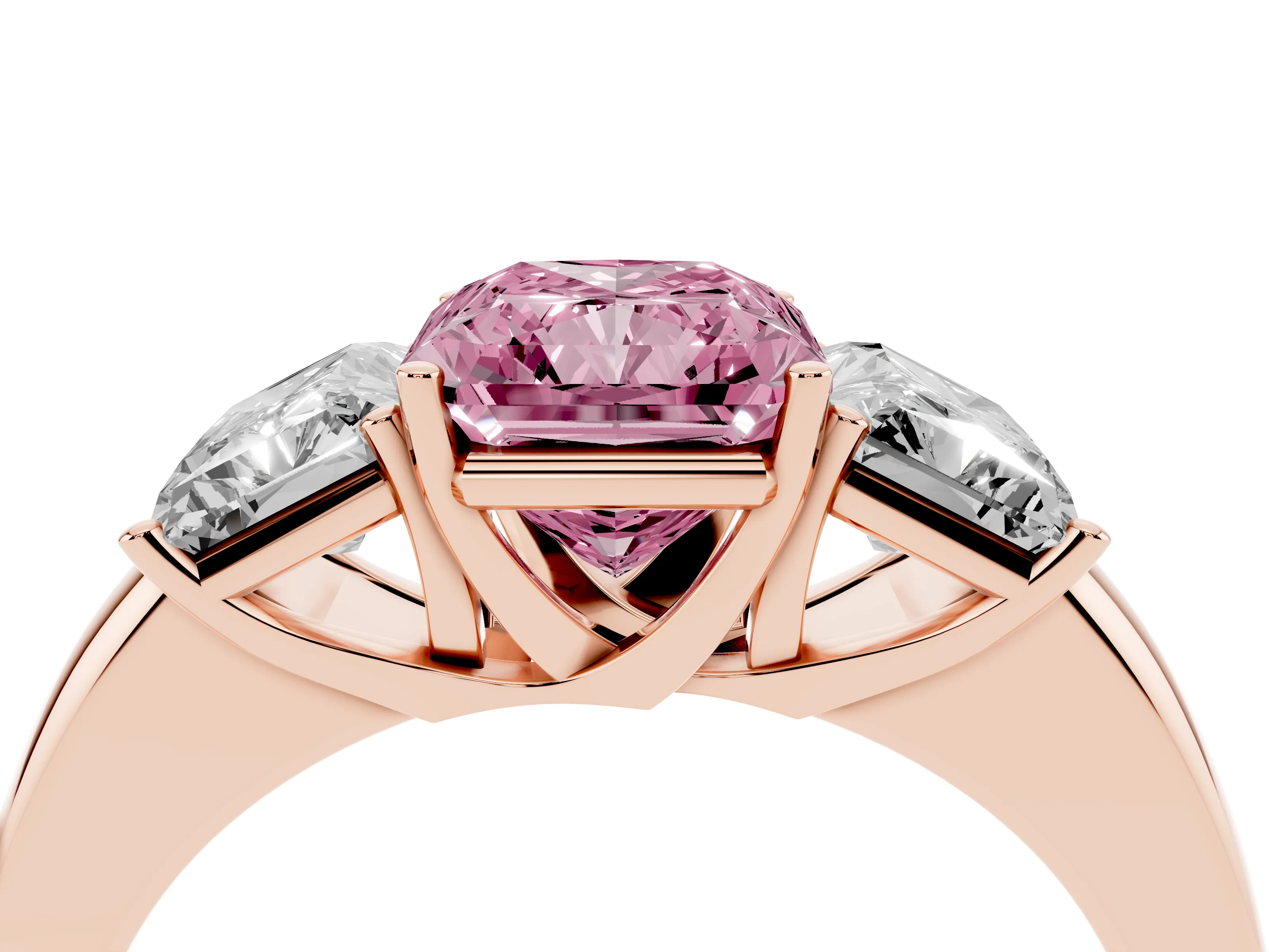 Fancy Pink Radiant Cut Diamond Three-Stone Ring Set in Rose gold with Bold Center and Classic Band