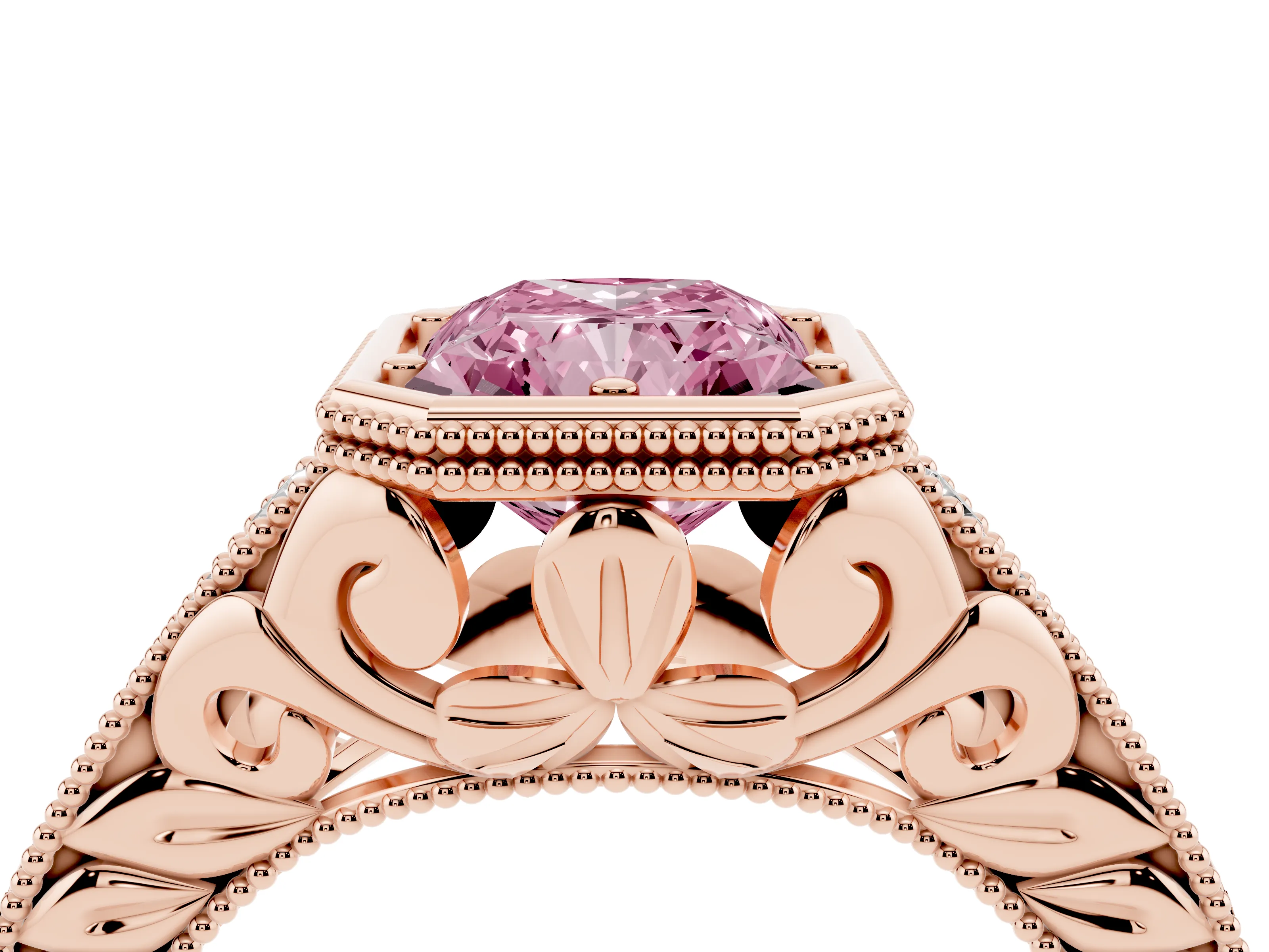 Fancy Pink Bezel Set Radiant Cut Diamond Milgrain Pavé Engagement Ring Set in Rose gold