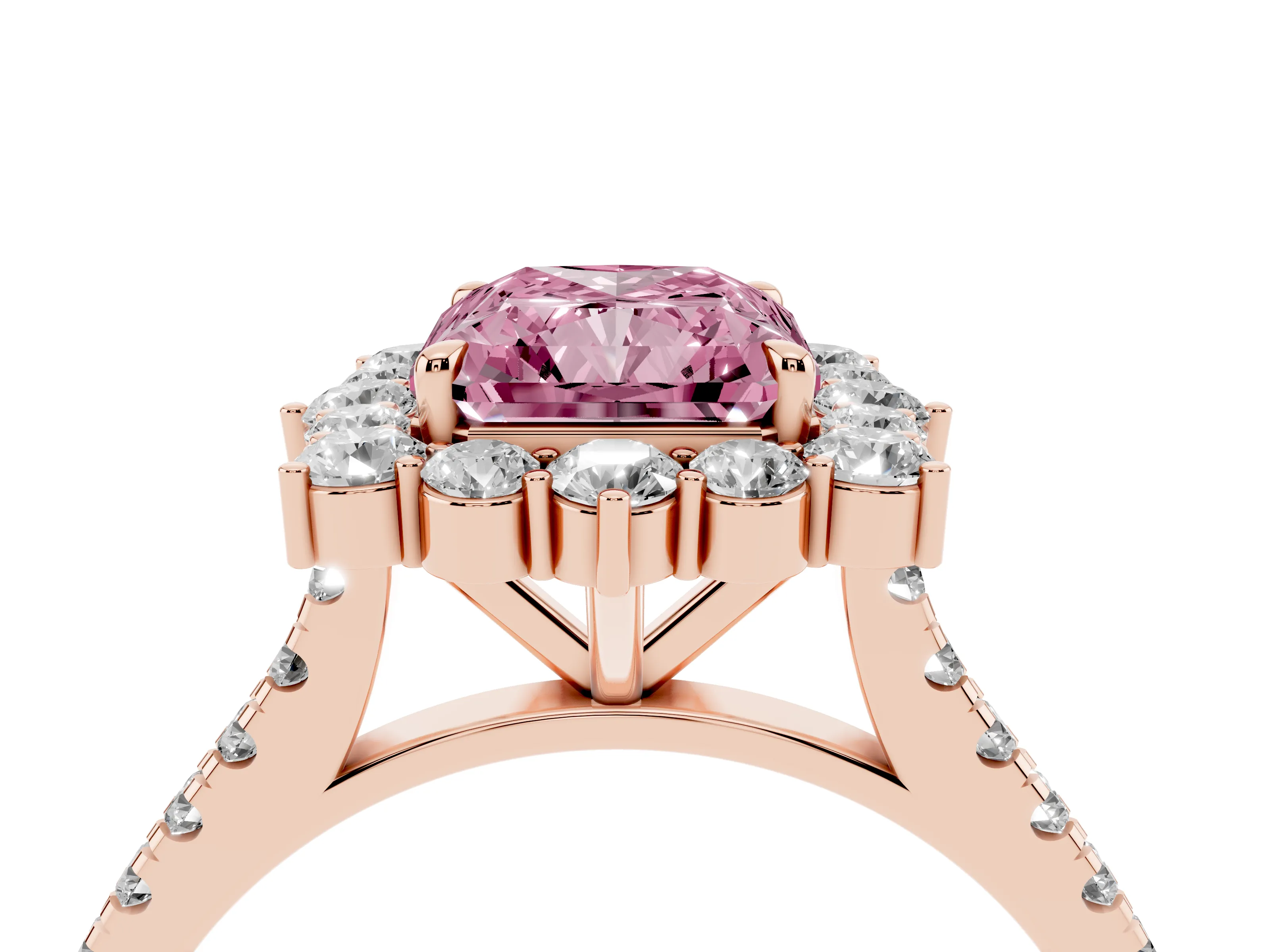 Fancy Pink Radiant Cut Diamond Halo Ring Set in Rose gold with Pavé Band and Prong Setting