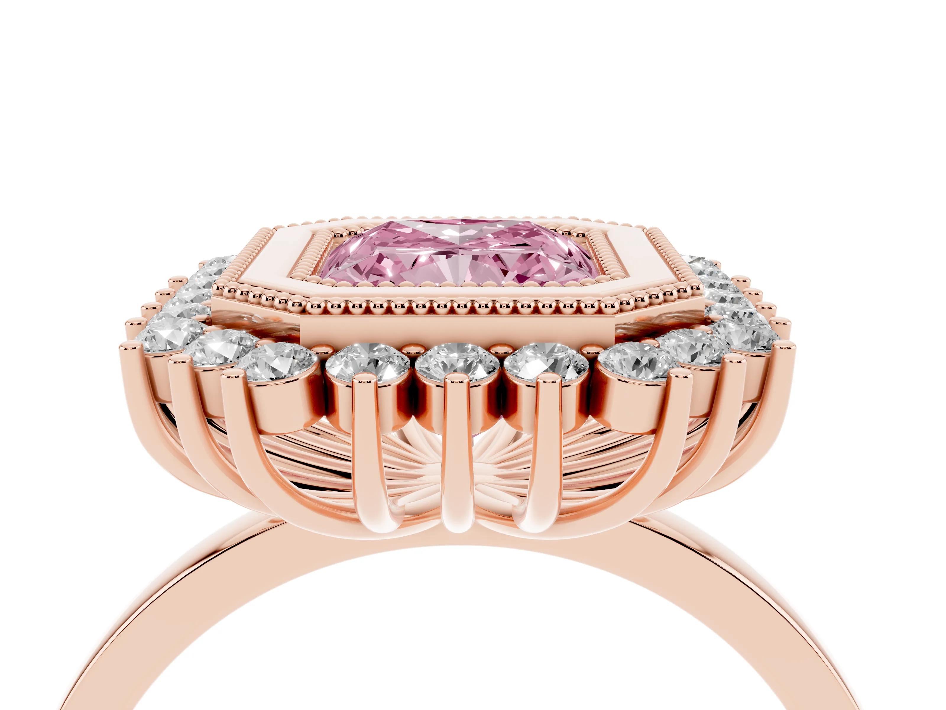 Fancy Pink Radiant Cut Diamond Halo Ring Set in Rose gold with Milgrain Edge and Round Prong Setting