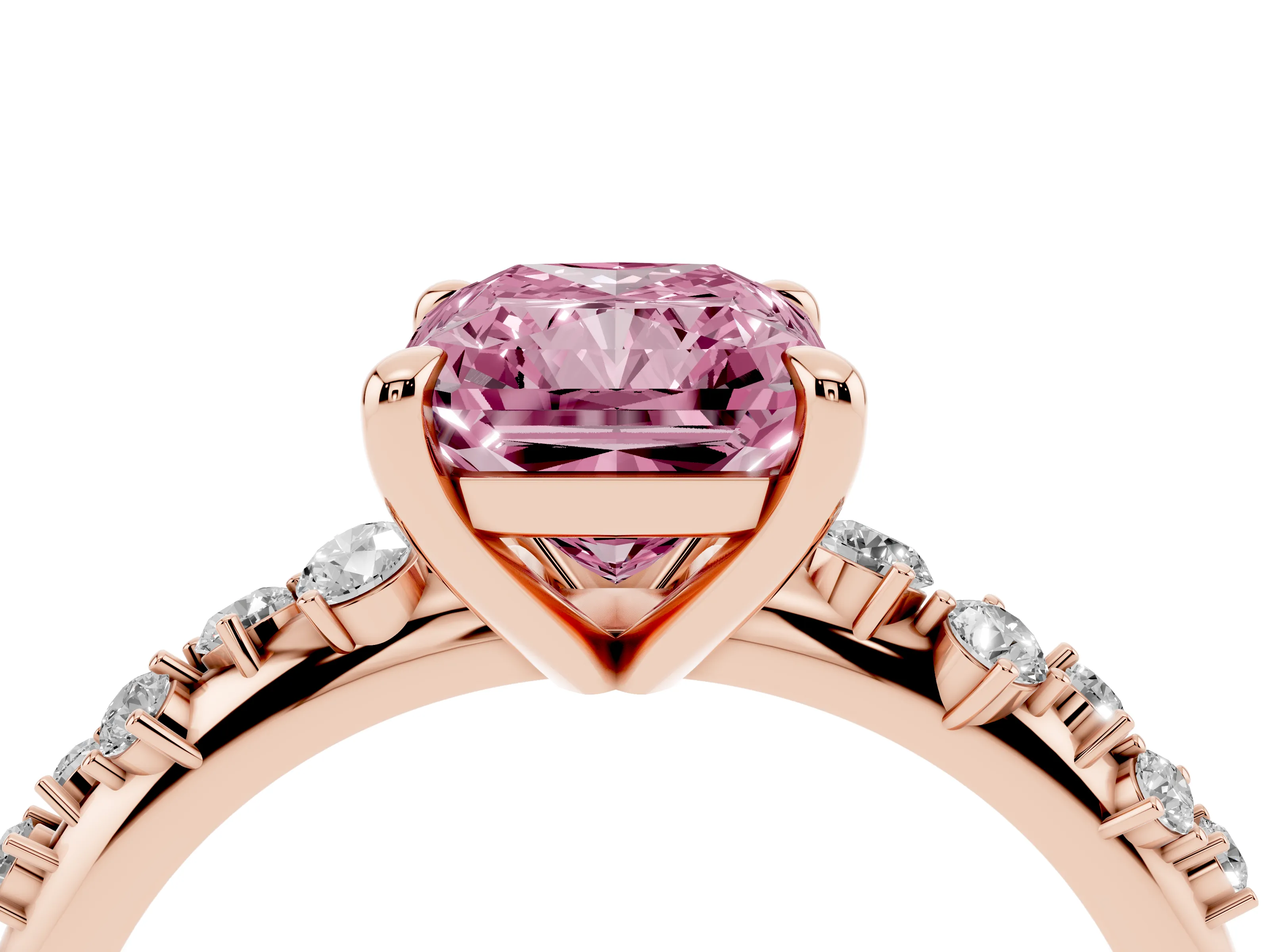 Fancy Pink Radiant Cut Diamond Solitaire Vine Band Ring Set in Rose gold with Round Accents and Prong Setting