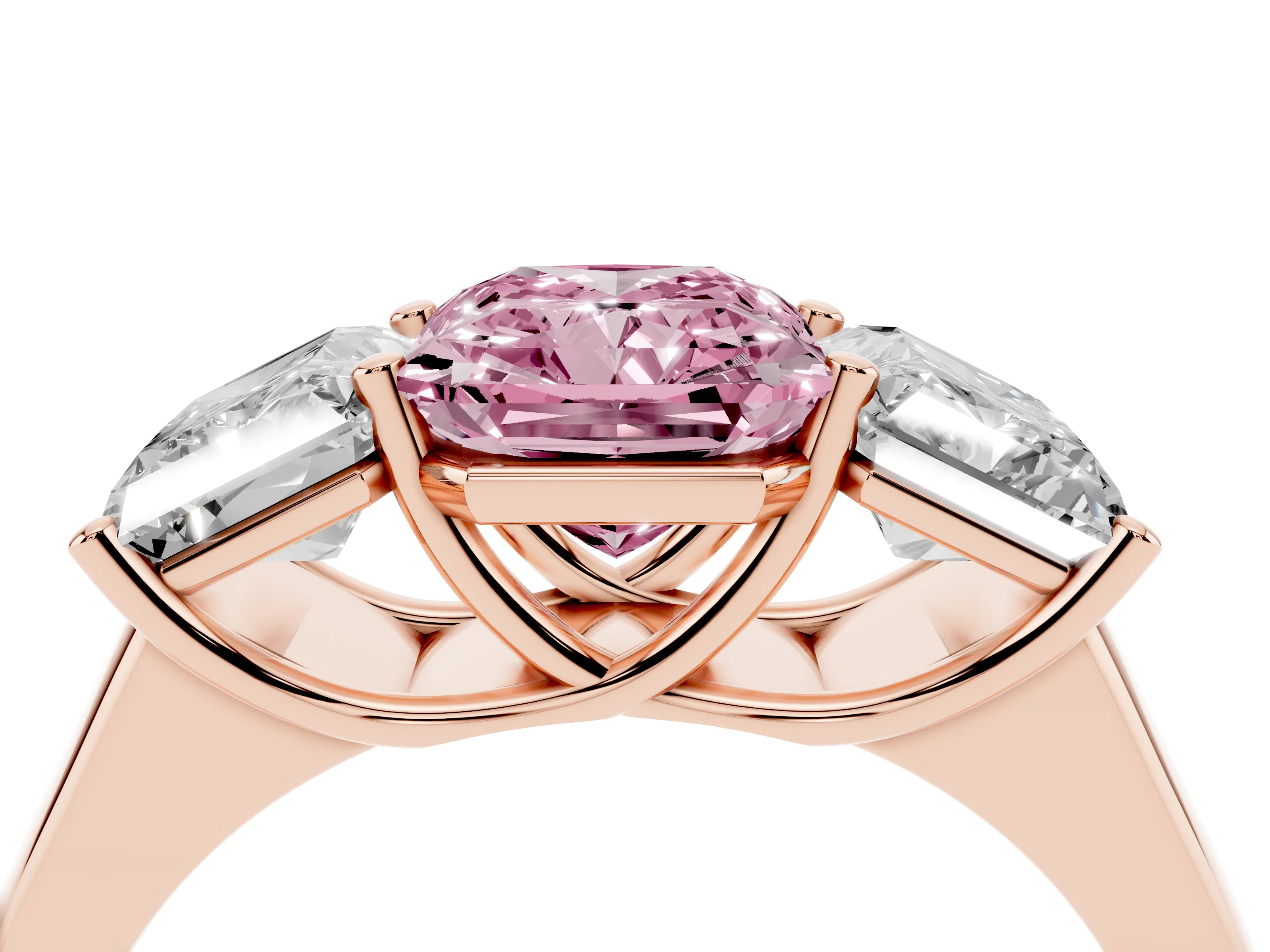 Fancy Pink Radiant Cut Diamond Three-Stone Ring Set in Rose gold with Plain Polished Band
