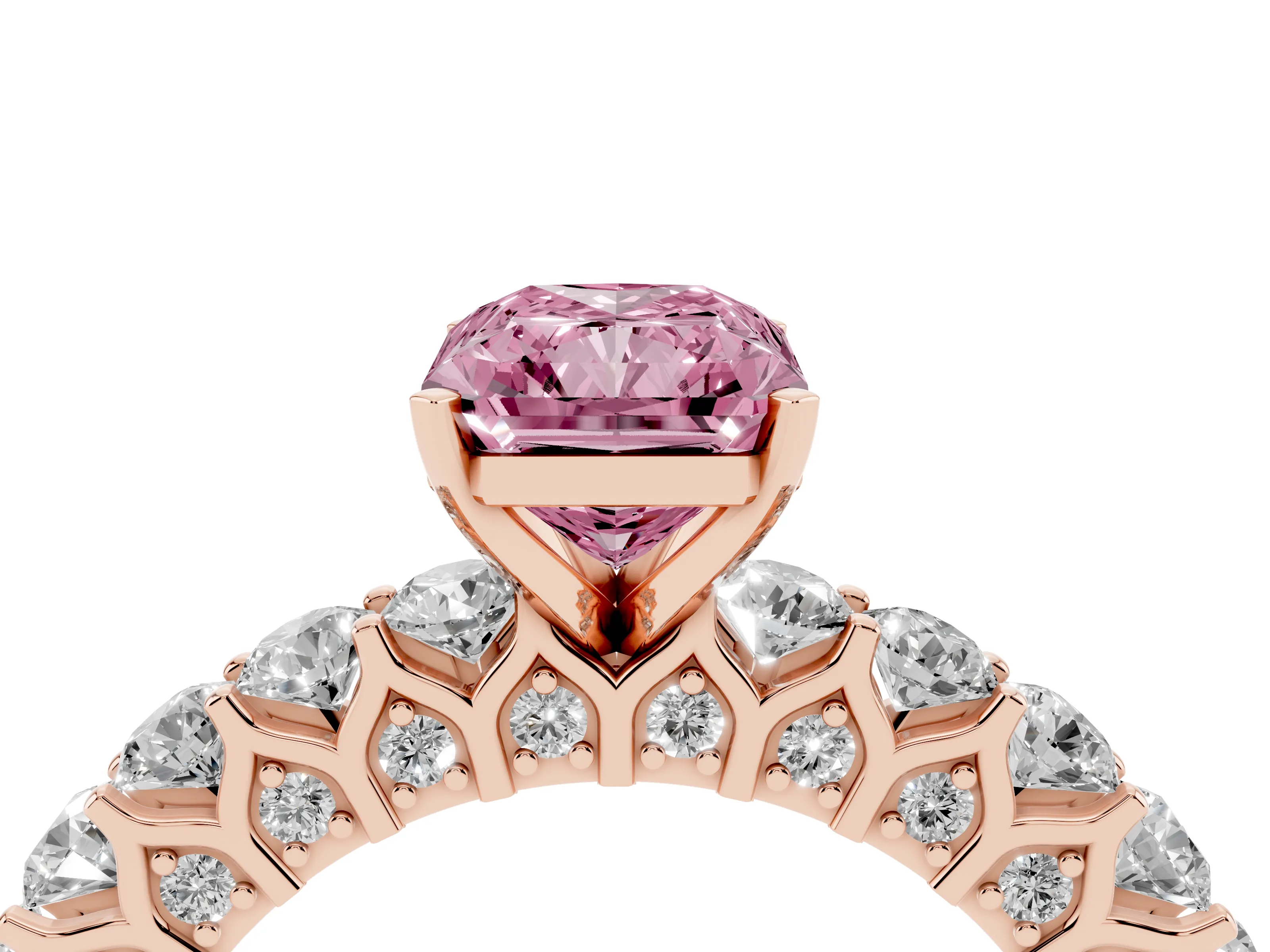 Fancy Pink Radiant Cut Diamond Solitaire Ring Set in Rose gold with Shared Prong Pavé Band