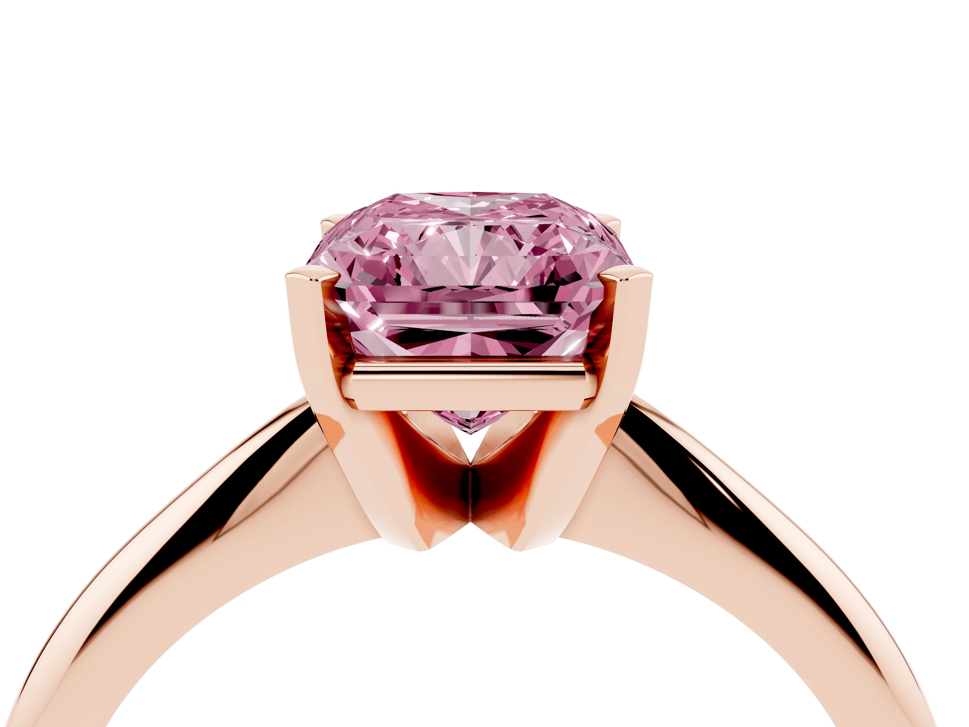 Fancy Pink Radiant Cut Diamond Solitaire Ring Set in Rose gold with Prong Setting on a Plain Round Band