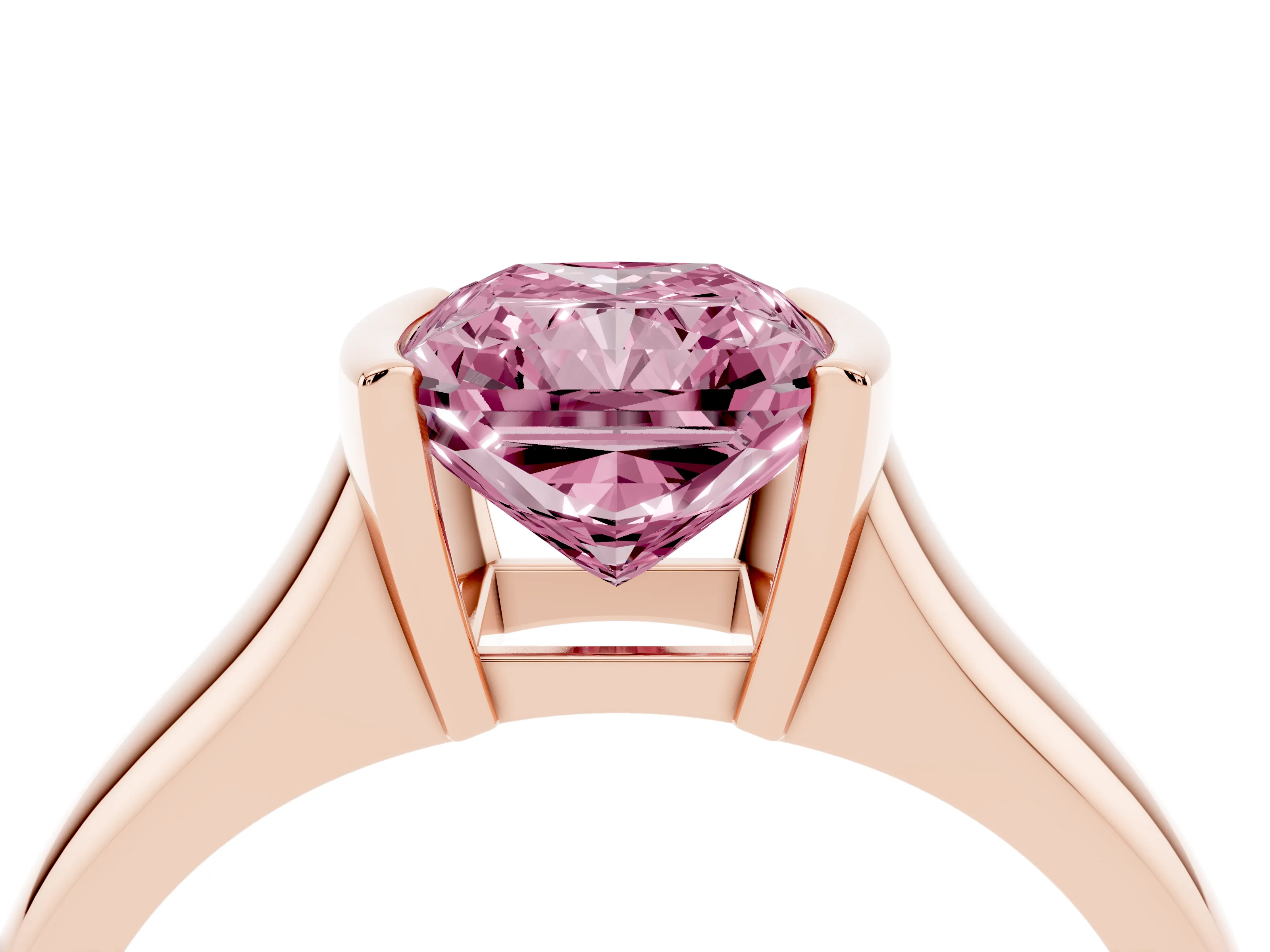 Fancy Pink Radiant Cut Diamond Solitaire Tension Set Ring Set in Rose gold with Split Shank Band