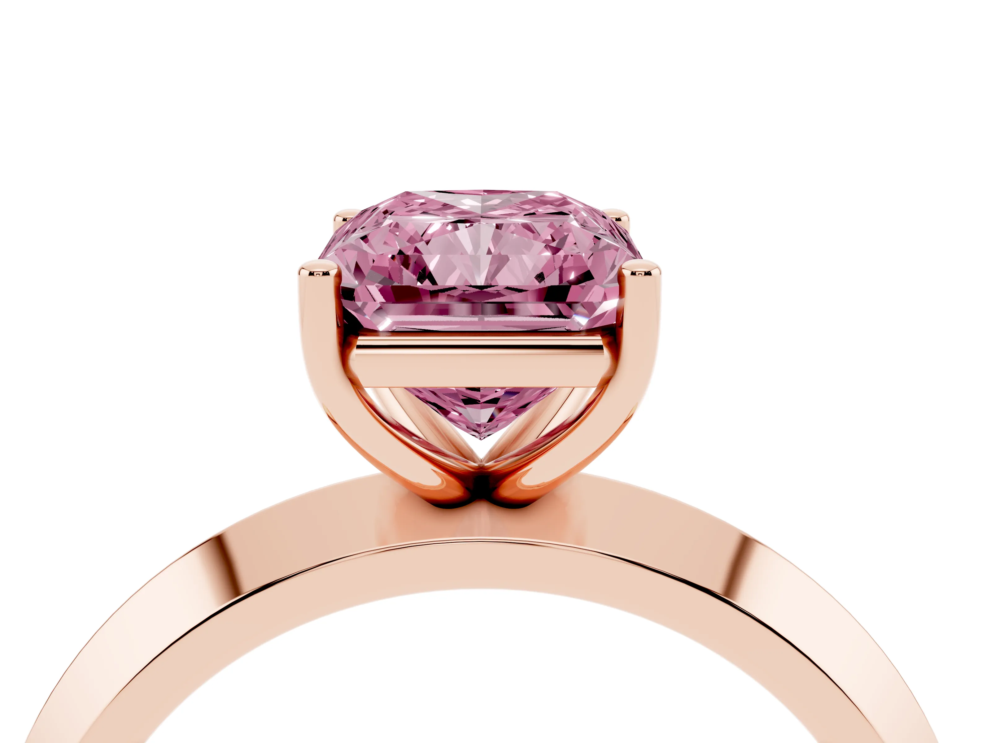 Fancy Pink Radiant Cut Diamond Solitaire Engagement Ring Set in Rose gold with Flat Band and Prong Setting