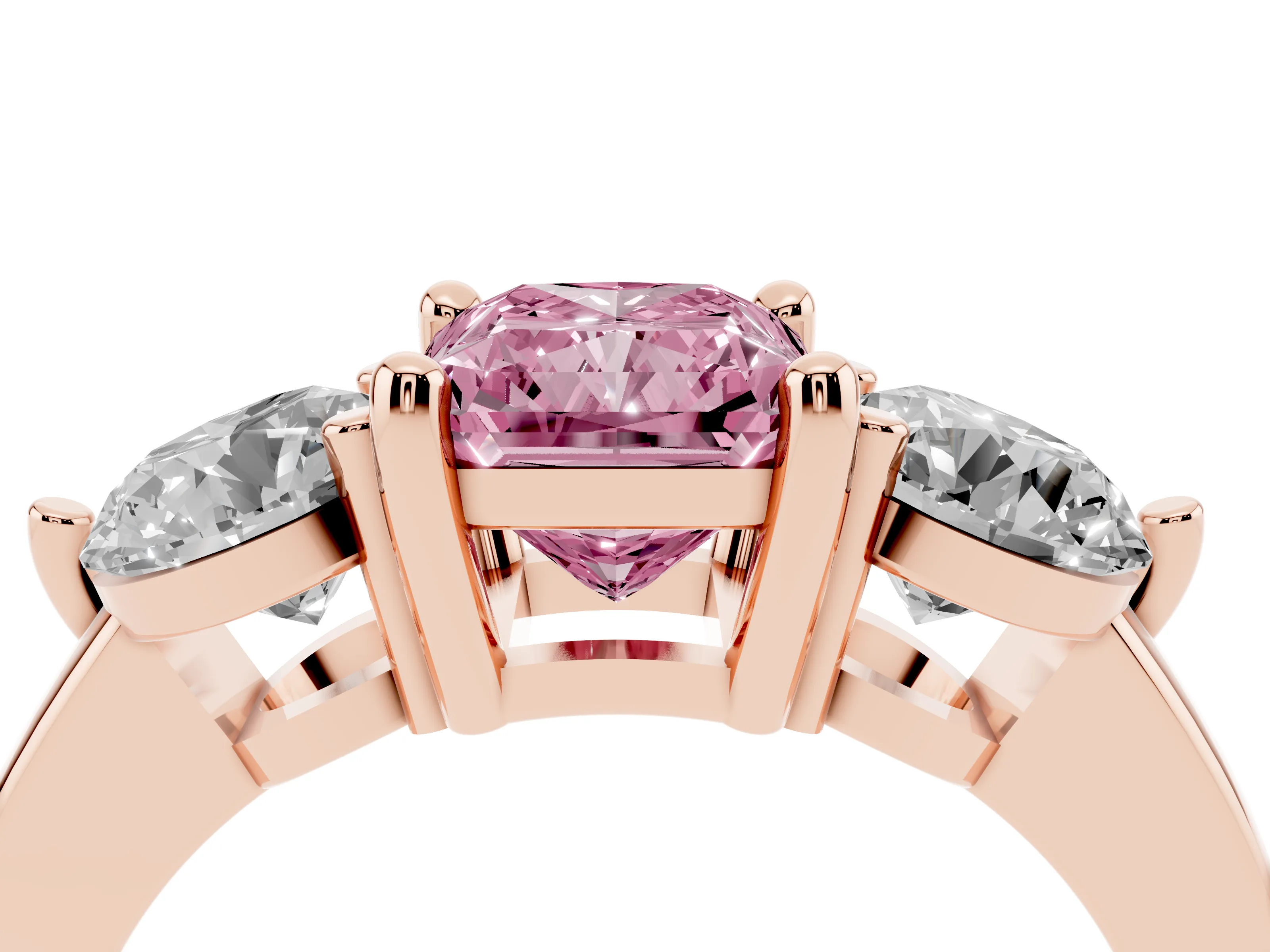 Fancy Pink Radiant Cut Diamond Three-Stone Ring Set in Rose gold with Prong Setting and Classic Band