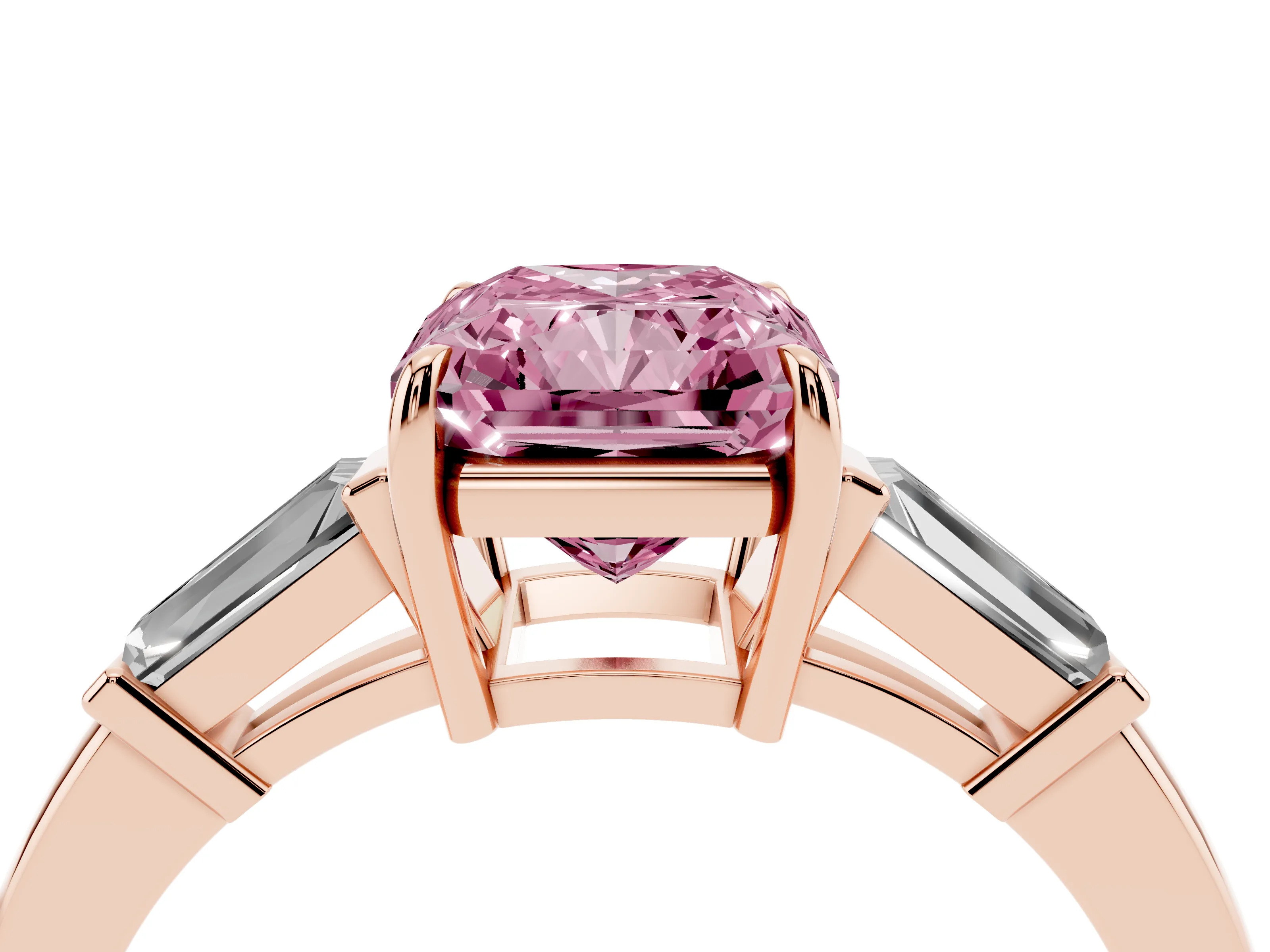 Fancy Pink Radiant Cut Diamond Three-Stone Ring Set in Rose gold with Tapered Baguette Side Stones and Prong Setting