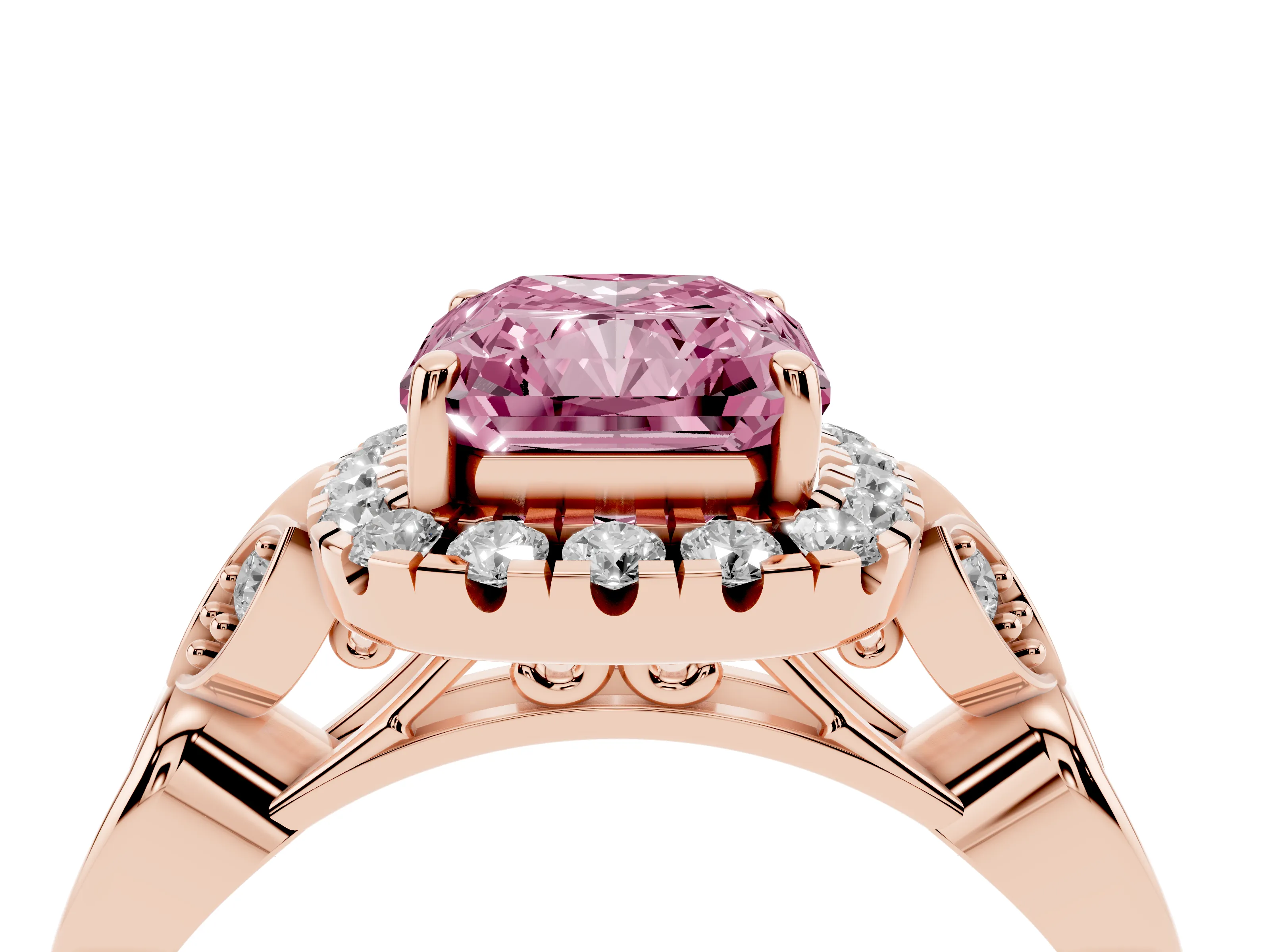 Fancy Pink Radiant Cut Diamond Halo Engagement Ring Set in Rose gold with Vintage-Inspired Band and Prong Setting
