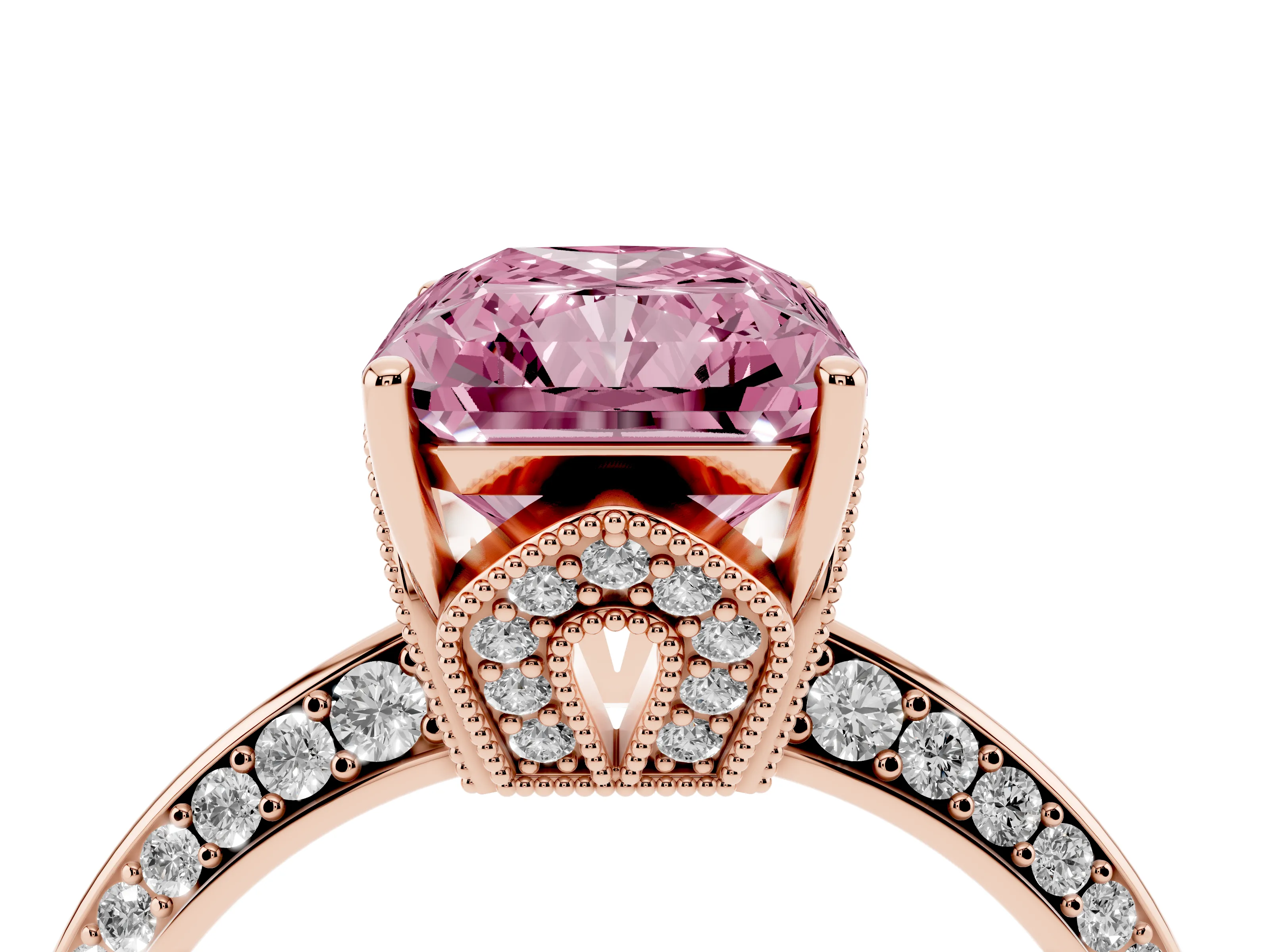 Fancy Pink Radiant Cut Diamond Solitaire Engagement Ring Set in Rose gold with Pavé Split Shank and Prong Setting