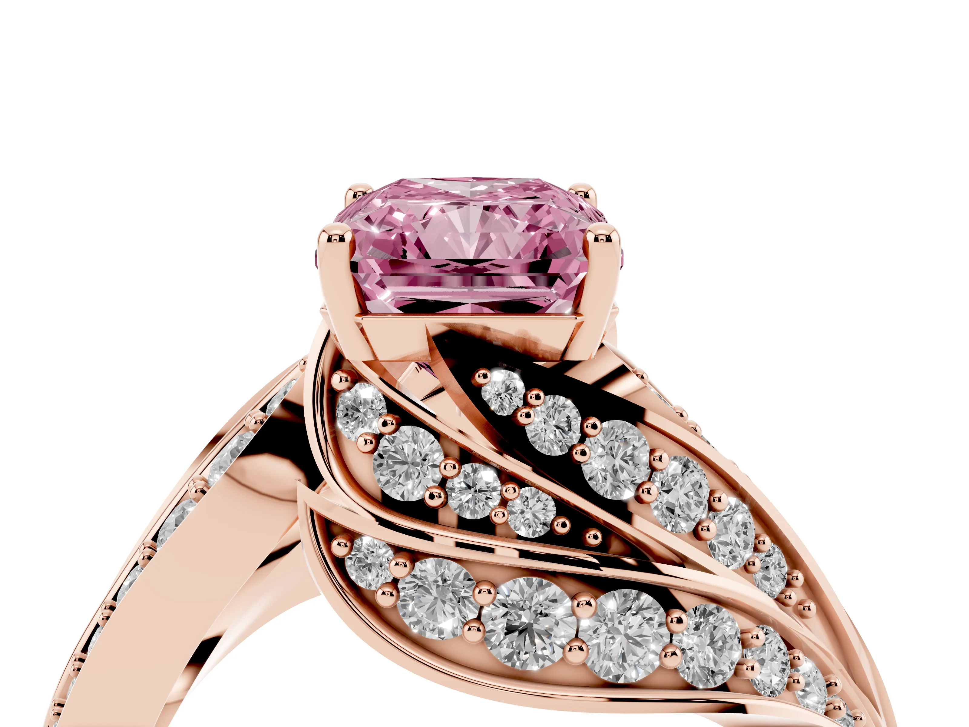 Fancy Pink Radiant Cut Diamond Solitaire Ring Set in Rose gold with Layered Twist Pavé Band