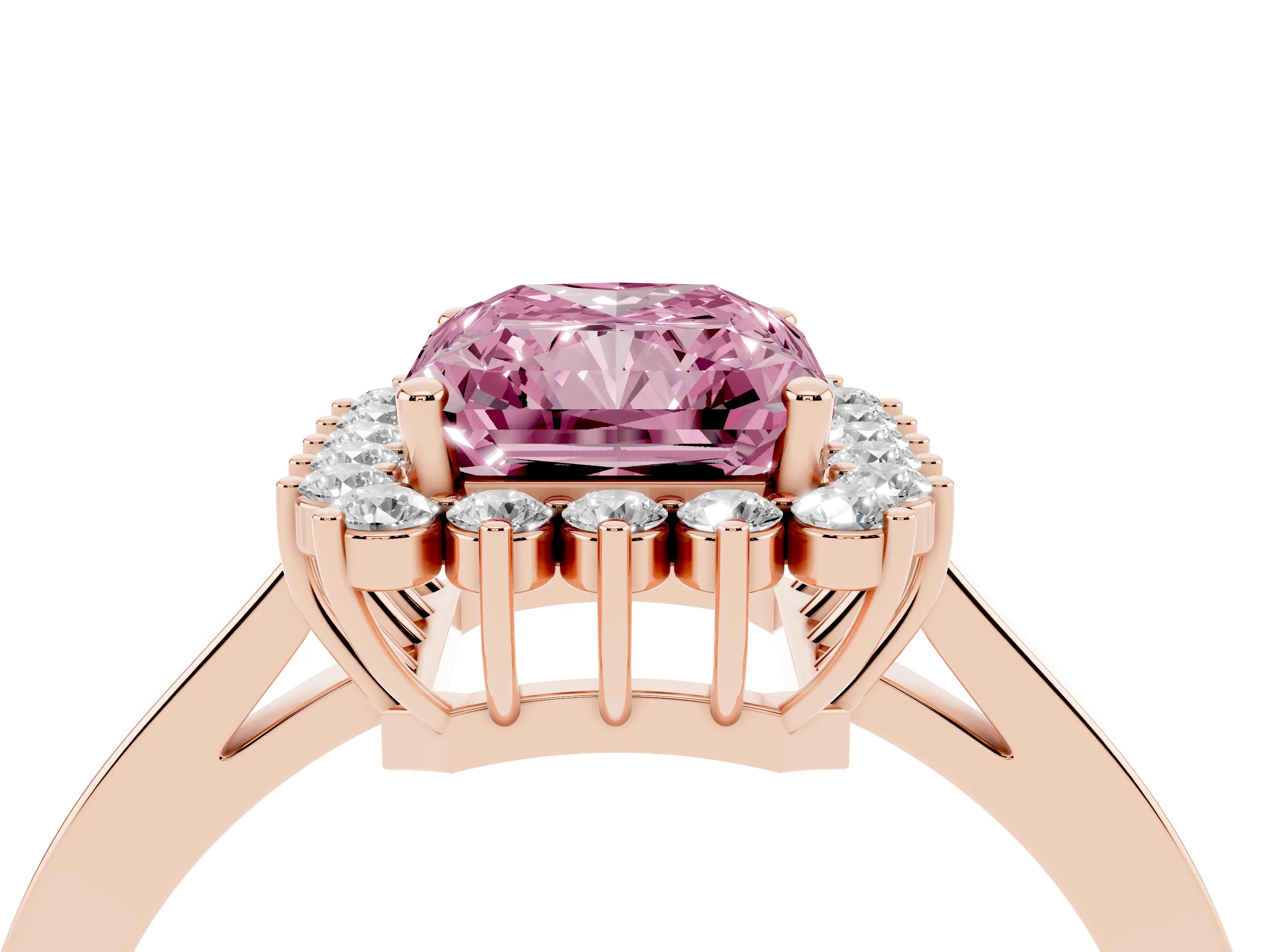 Fancy Pink Radiant Cut Diamond Halo Ring Set in Rose gold with Round Halo and Smooth Solitaire Band